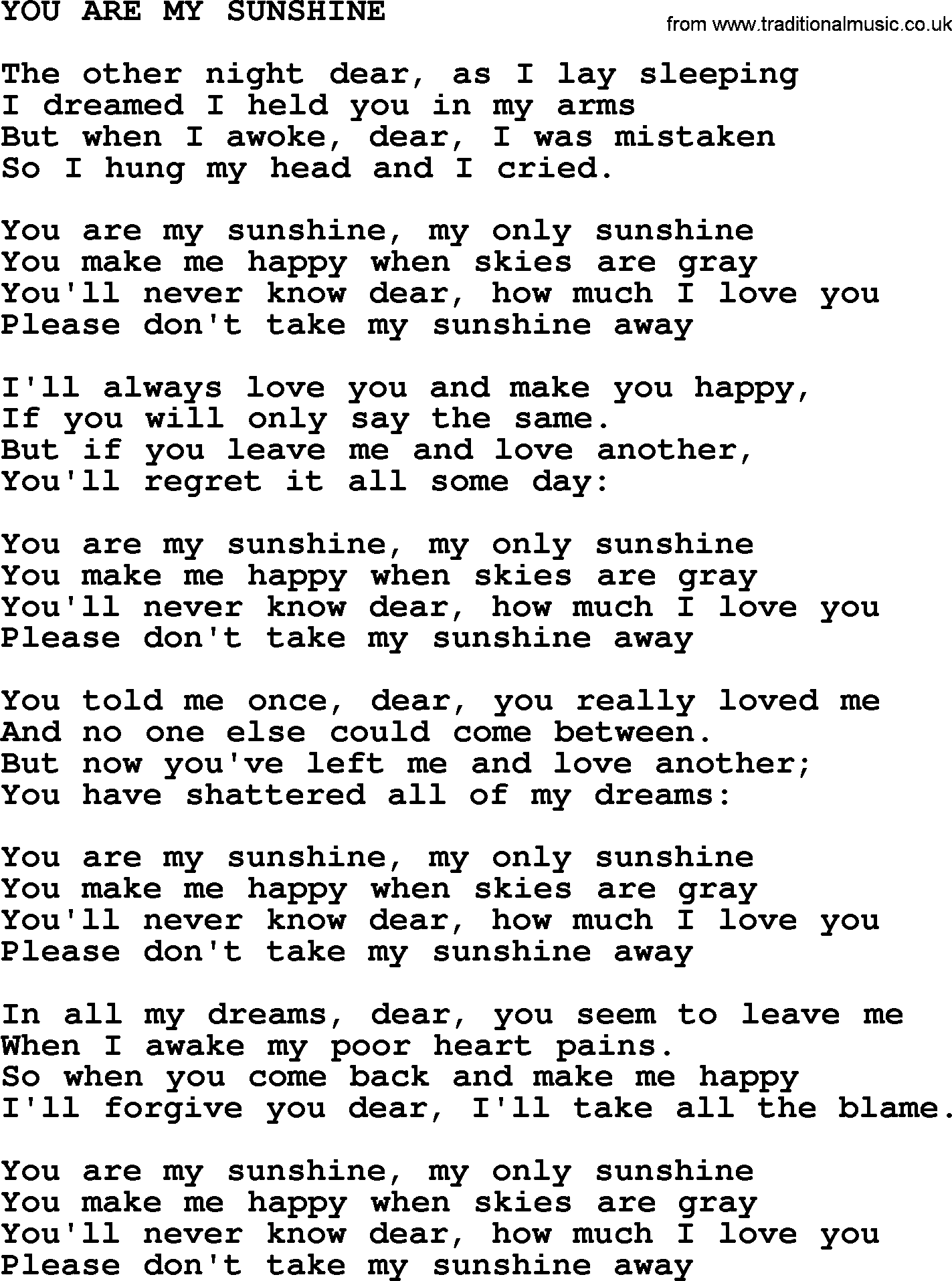 Johnny Cash song You Are My Sunshine.txt lyrics
