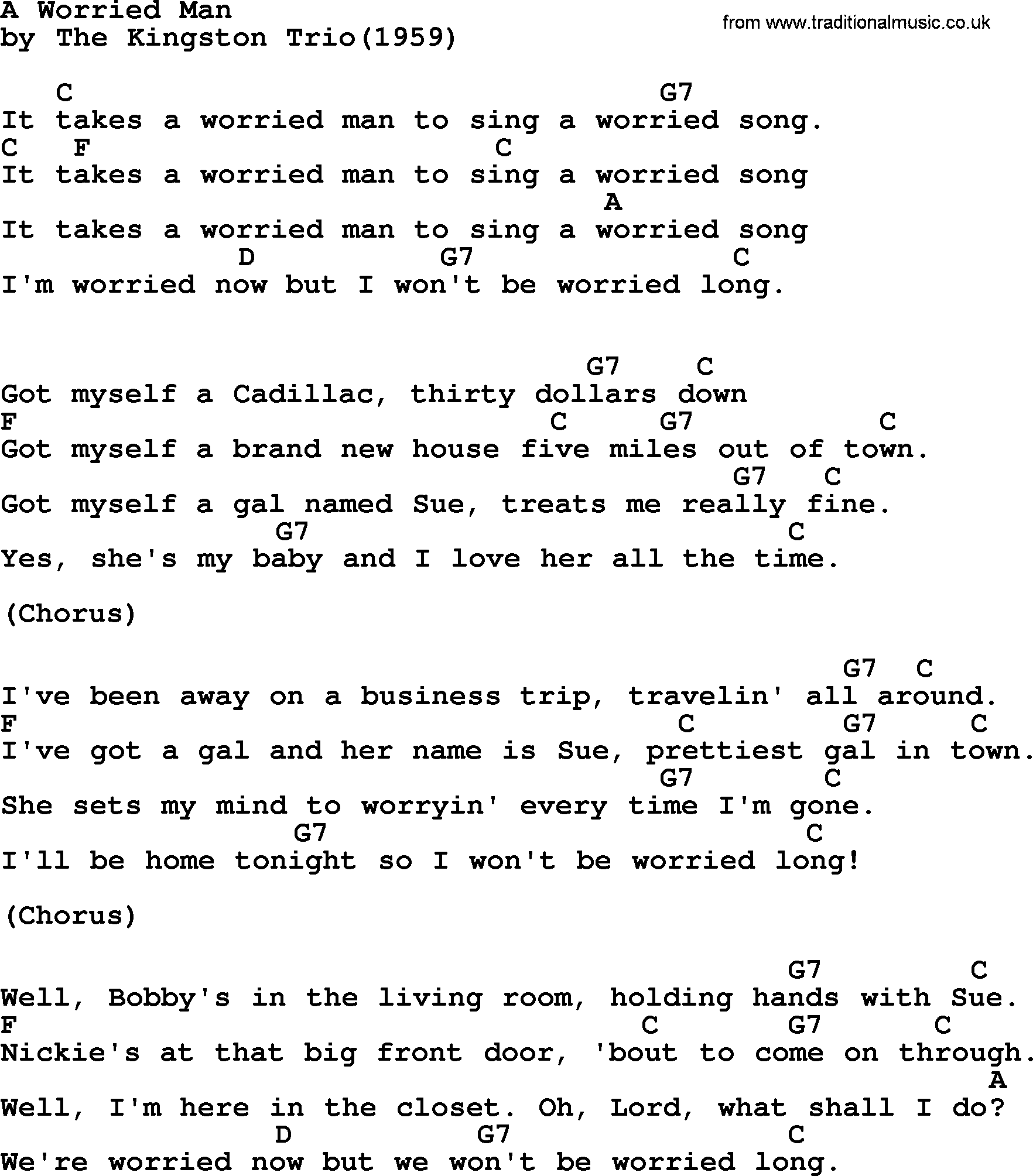 Kingston Trio song A Worried Man, lyrics and chords
