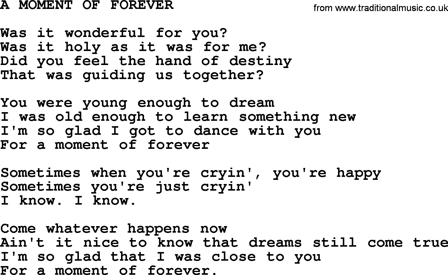 Kris Kristofferson song: A Moment Of Forever lyrics