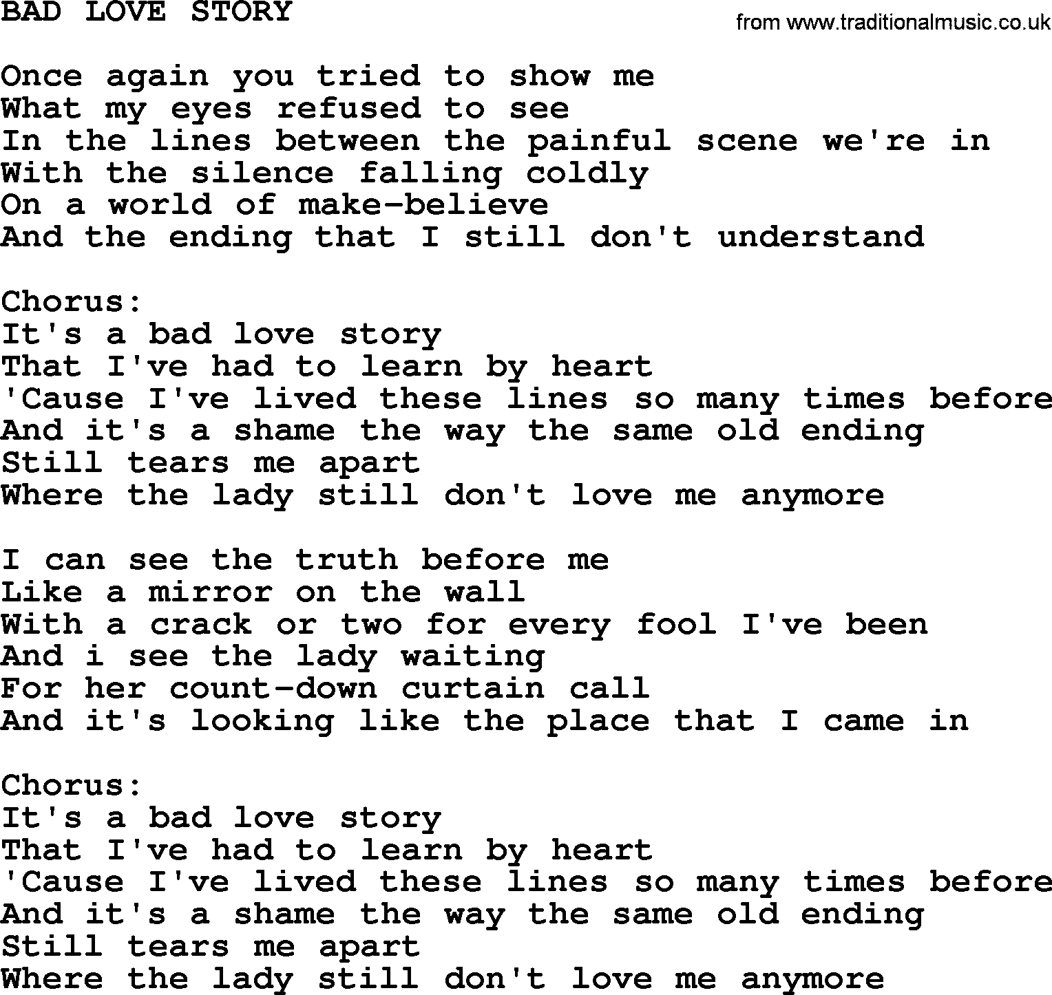 Kris Kristofferson song: Bad Love Story lyrics