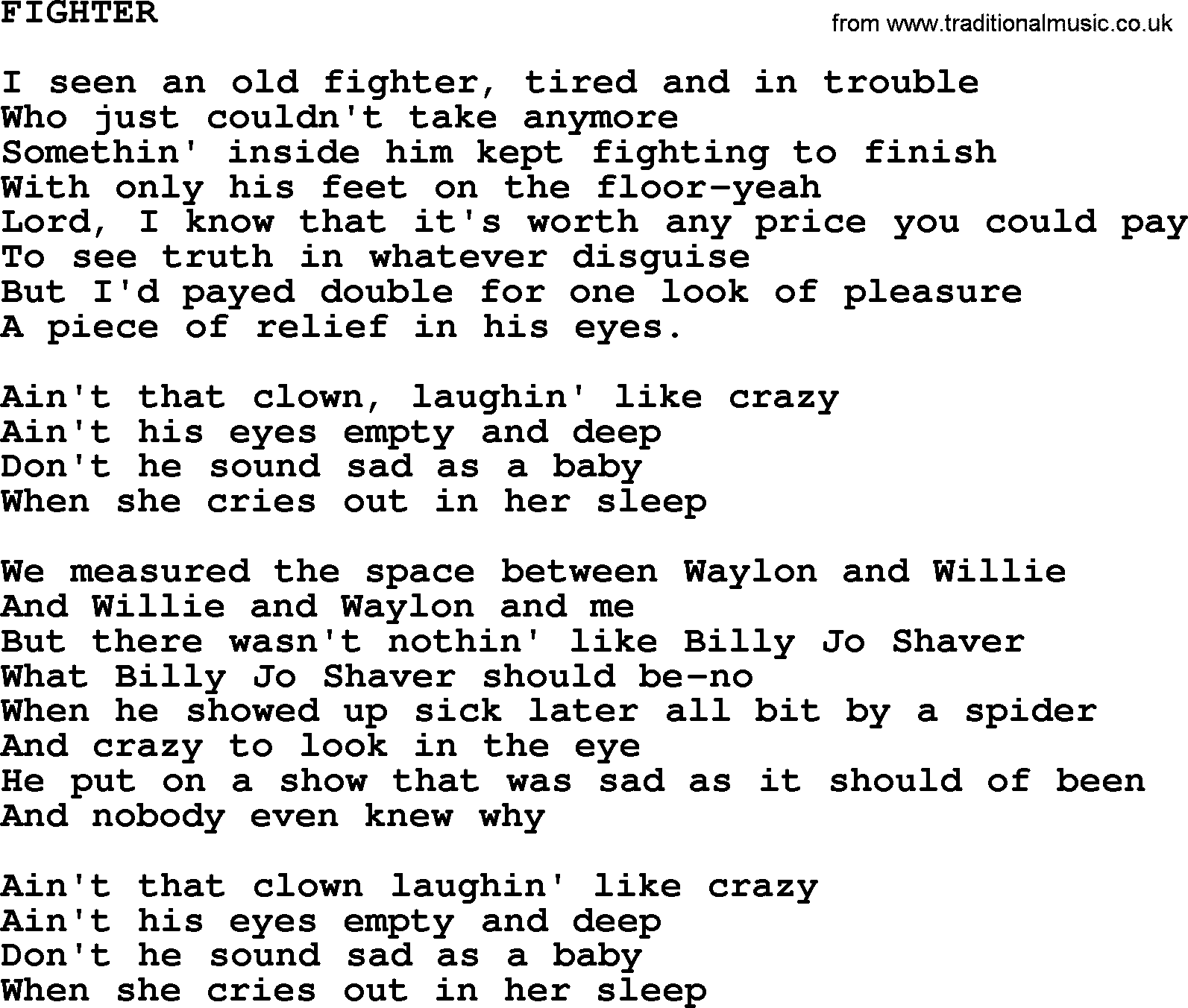 Kris Kristofferson song: Fighter lyrics