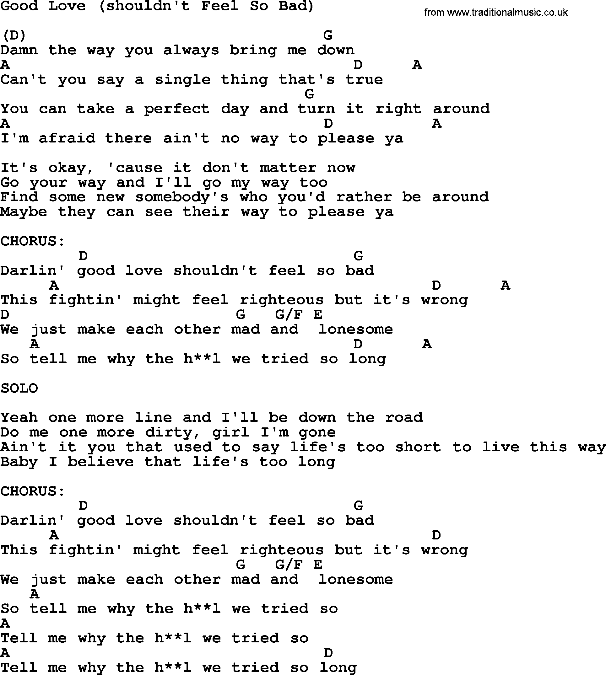 Kris Kristofferson song: Good Love (shouldn't Feel So Bad) lyrics and chords