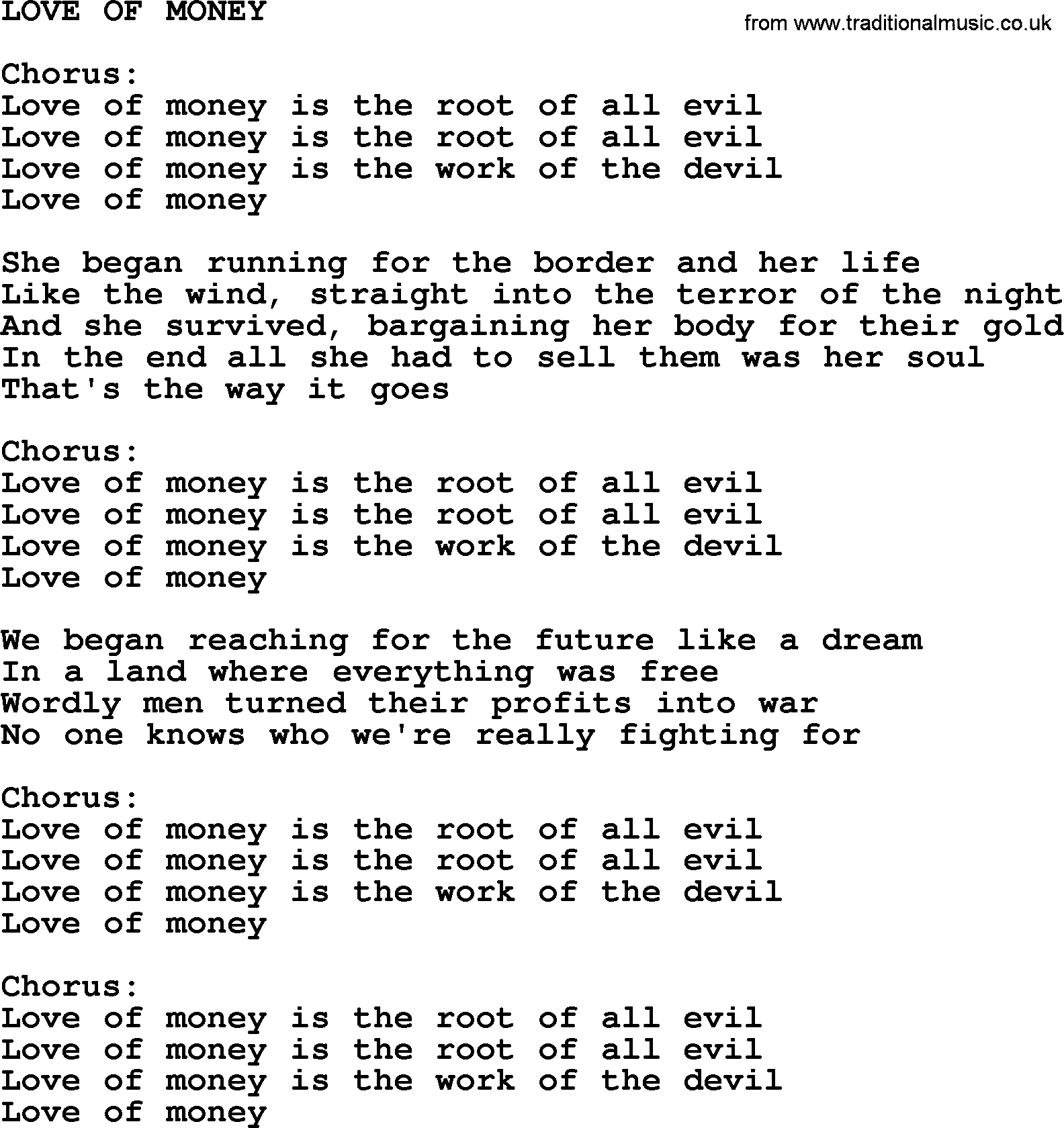 Kris Kristofferson song: Love Of Money lyrics