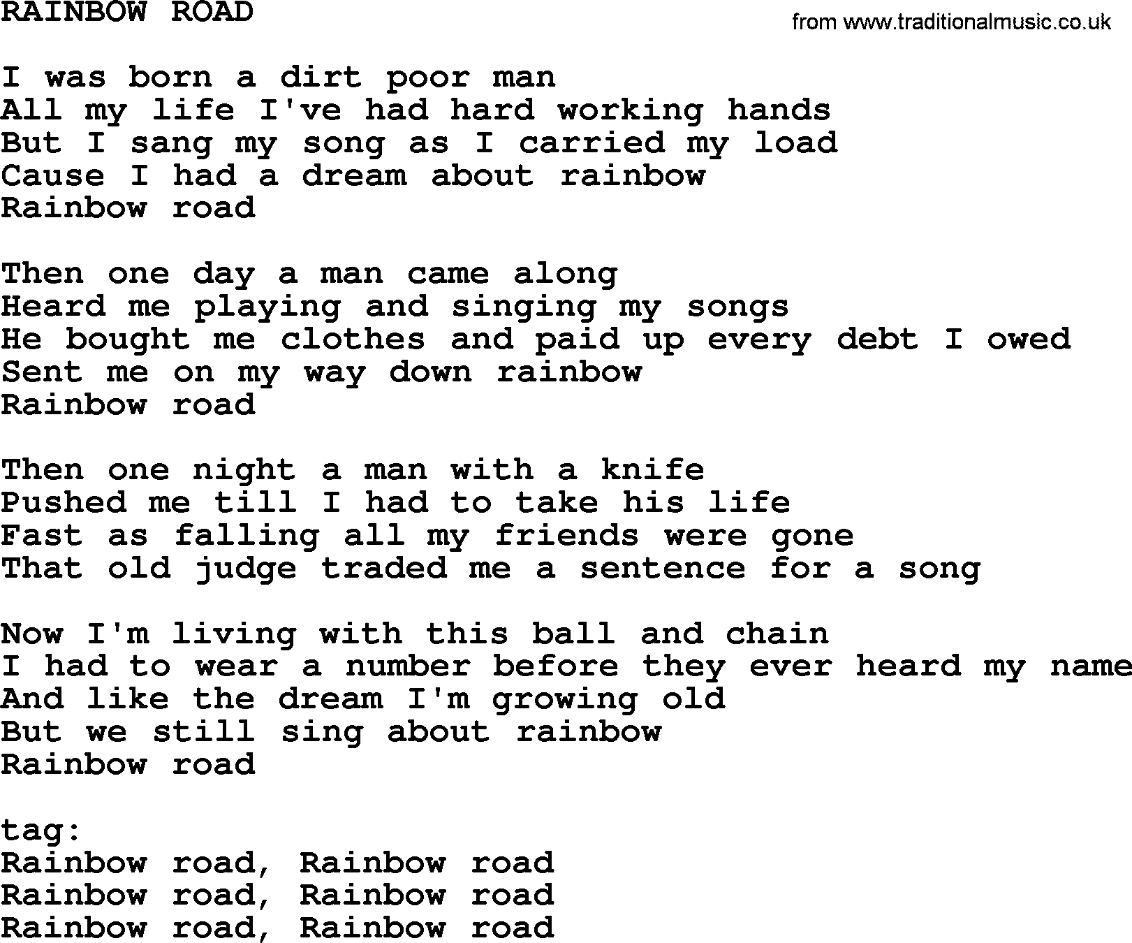 Kris Kristofferson song: Rainbow Road lyrics