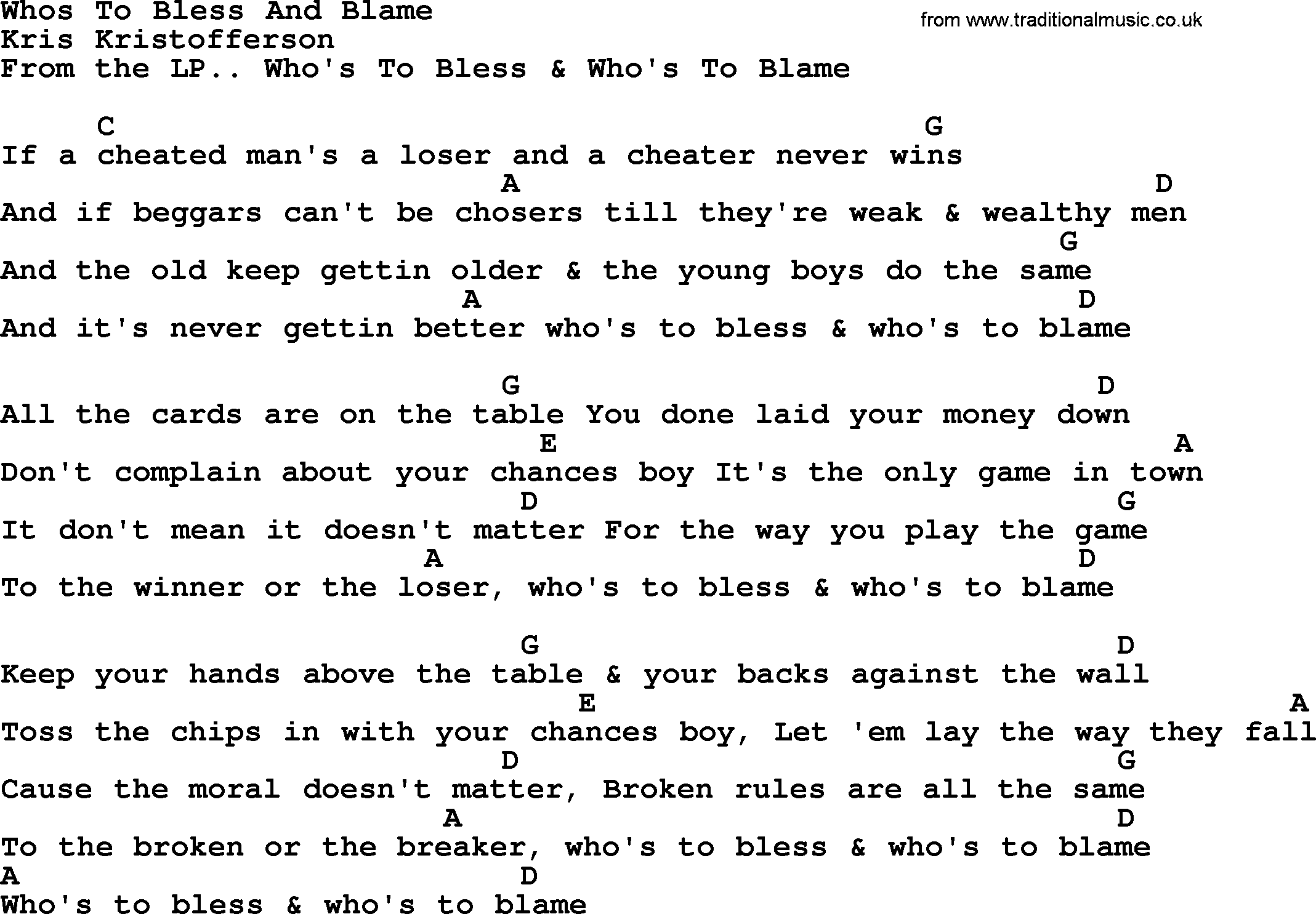 Kris Kristofferson song: Whos To Bless And Blame lyrics and chords
