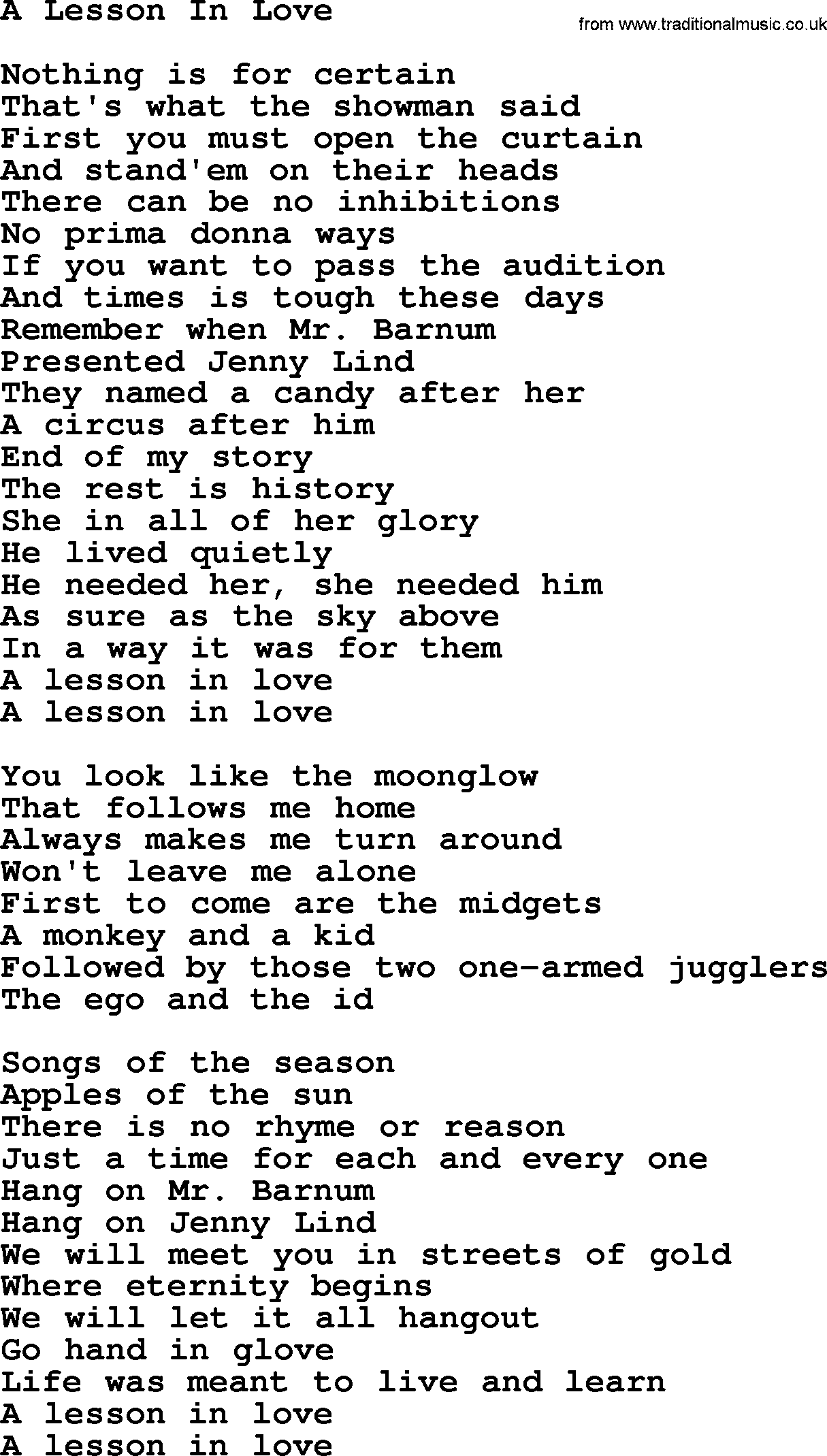 Gordon Lightfoot song A Lesson In Love, lyrics