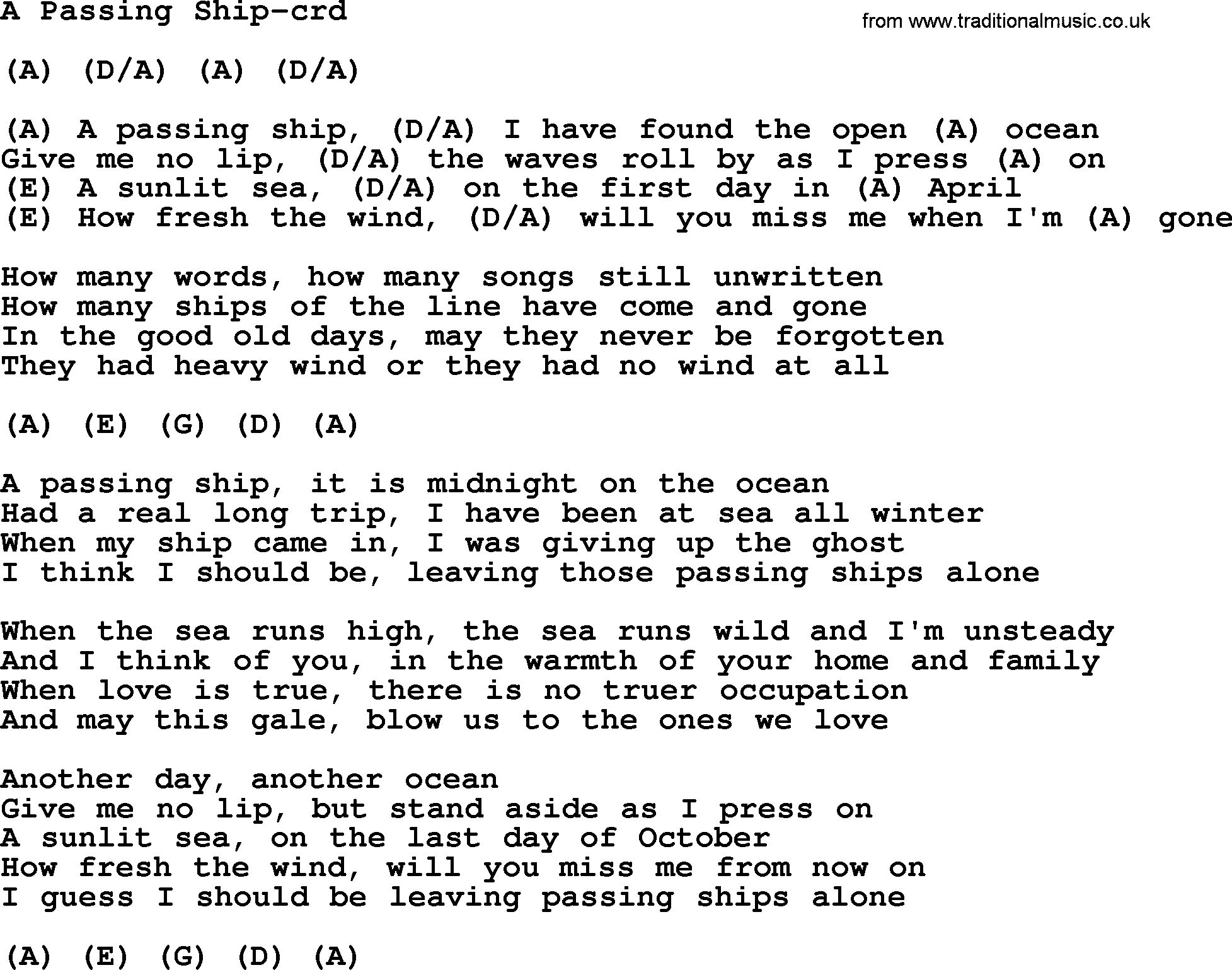 Gordon Lightfoot song A Passing Ship, lyrics and chords