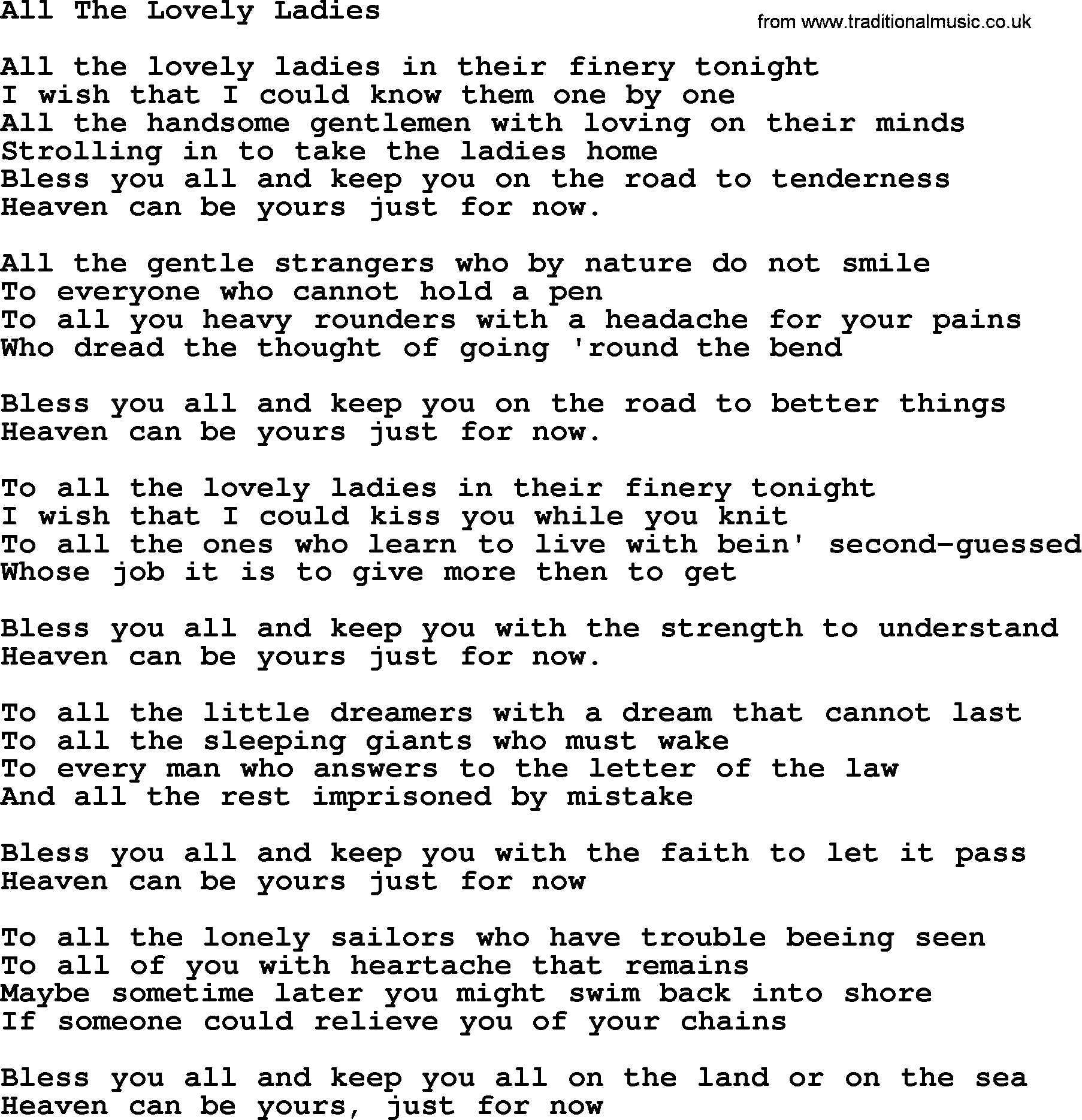 Gordon Lightfoot song All The Lovely Ladies, lyrics