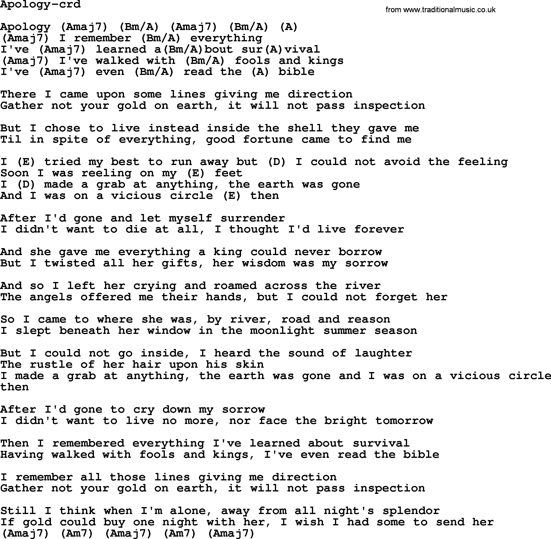 Gordon Lightfoot song Apology, lyrics and chords