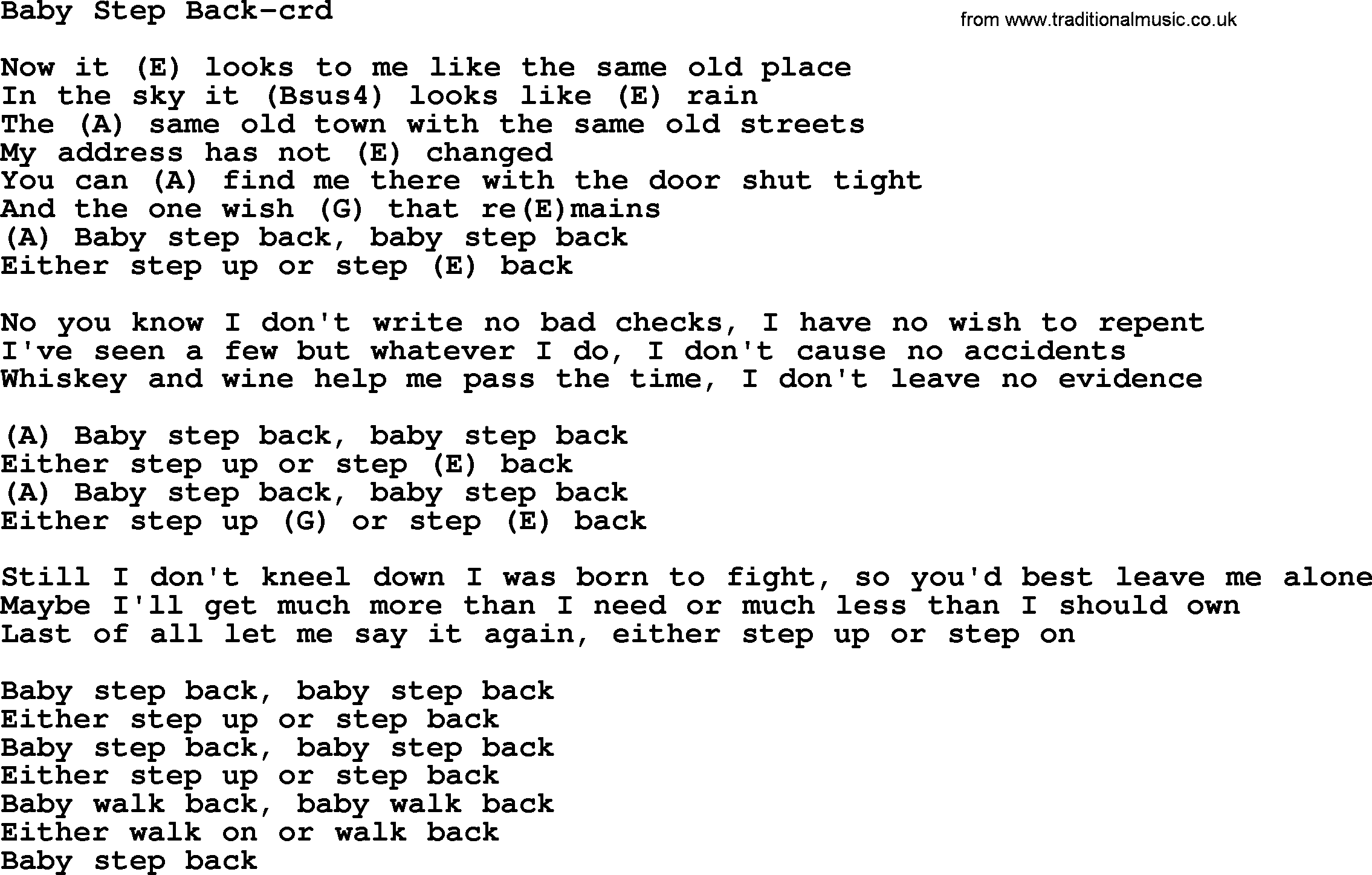 Gordon Lightfoot song Baby Step Back, lyrics and chords