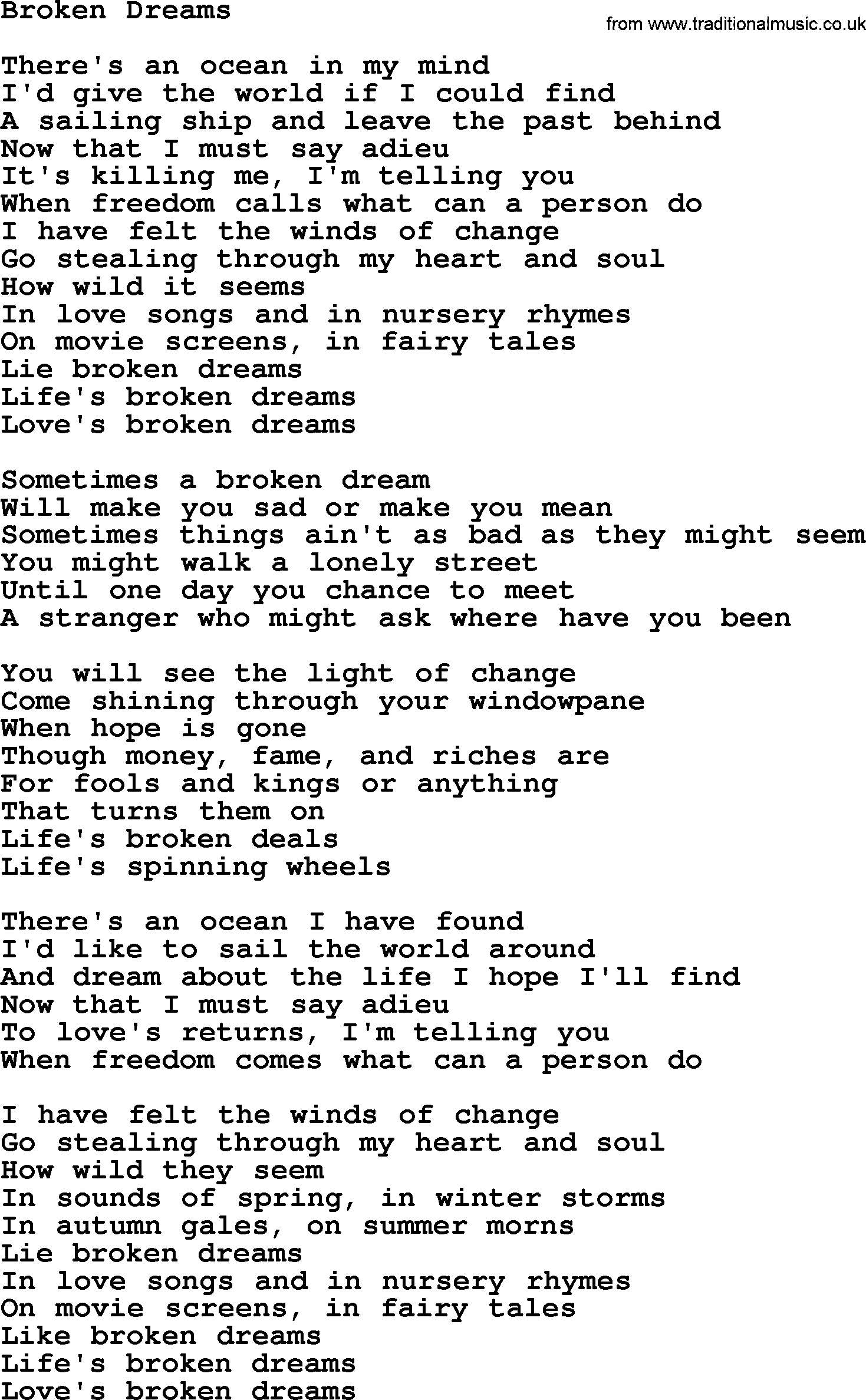 Gordon Lightfoot song Broken Dreams, lyrics