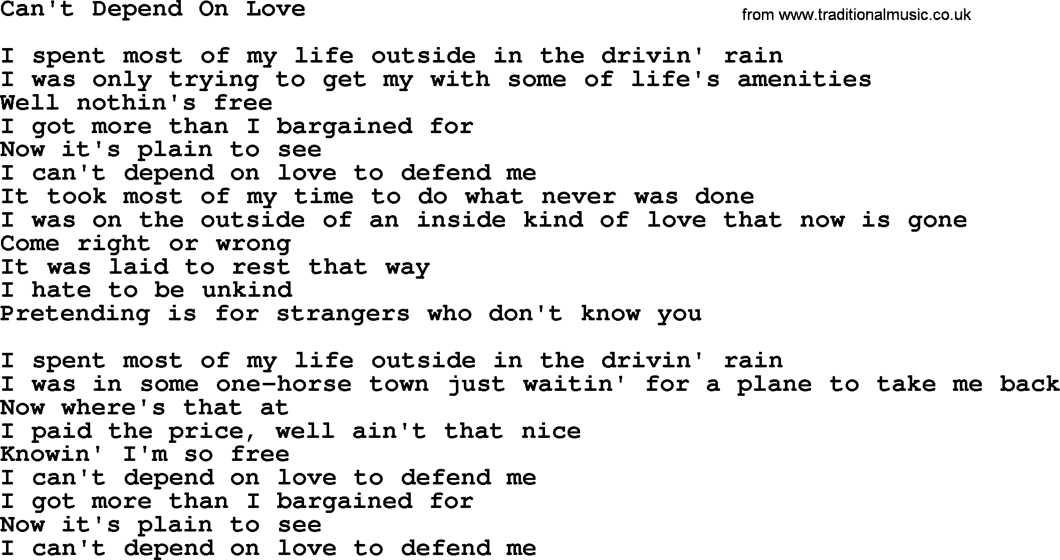 Gordon Lightfoot song Can't Depend On Love, lyrics