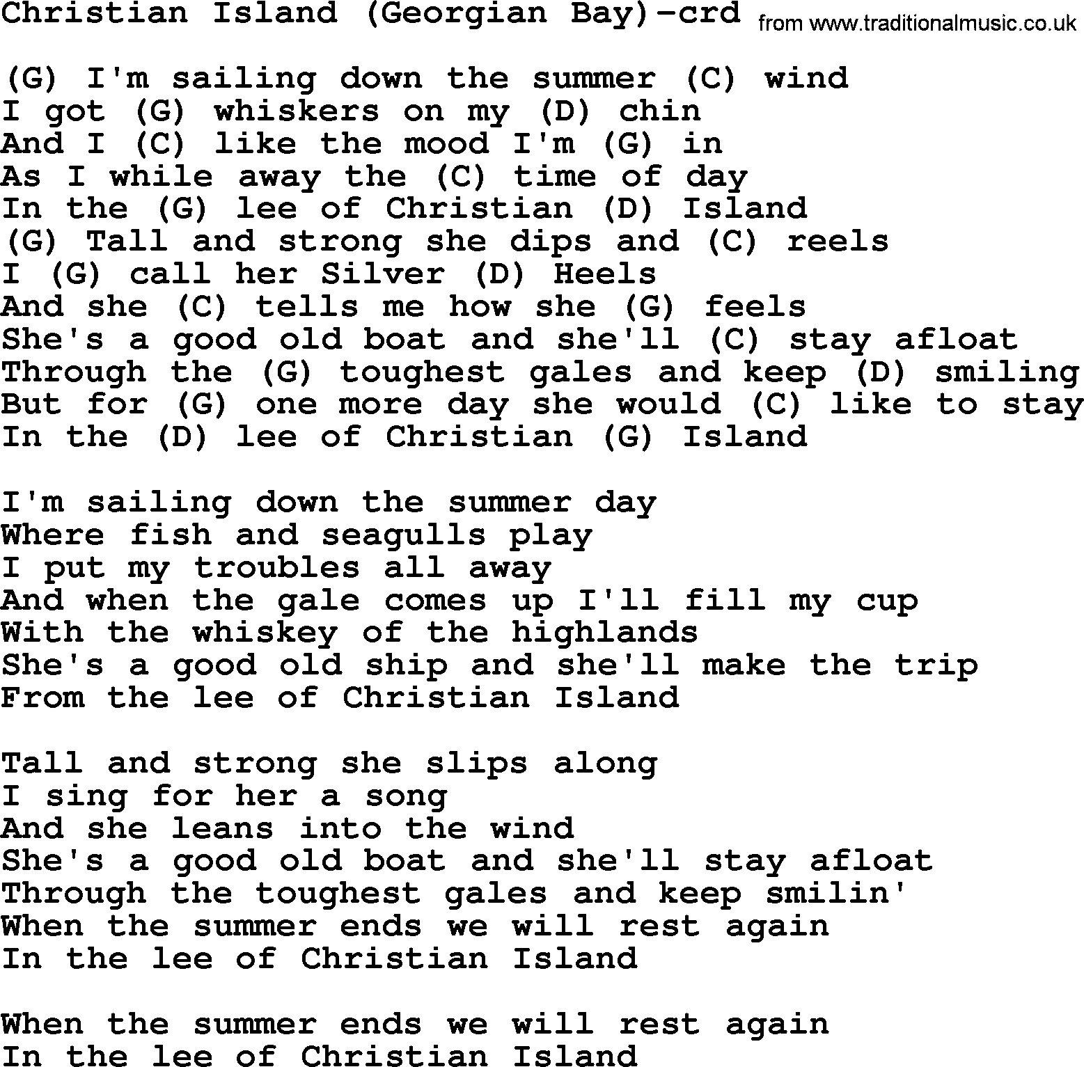 Gordon Lightfoot song Christian Island (Georgian Bay), lyrics and chords