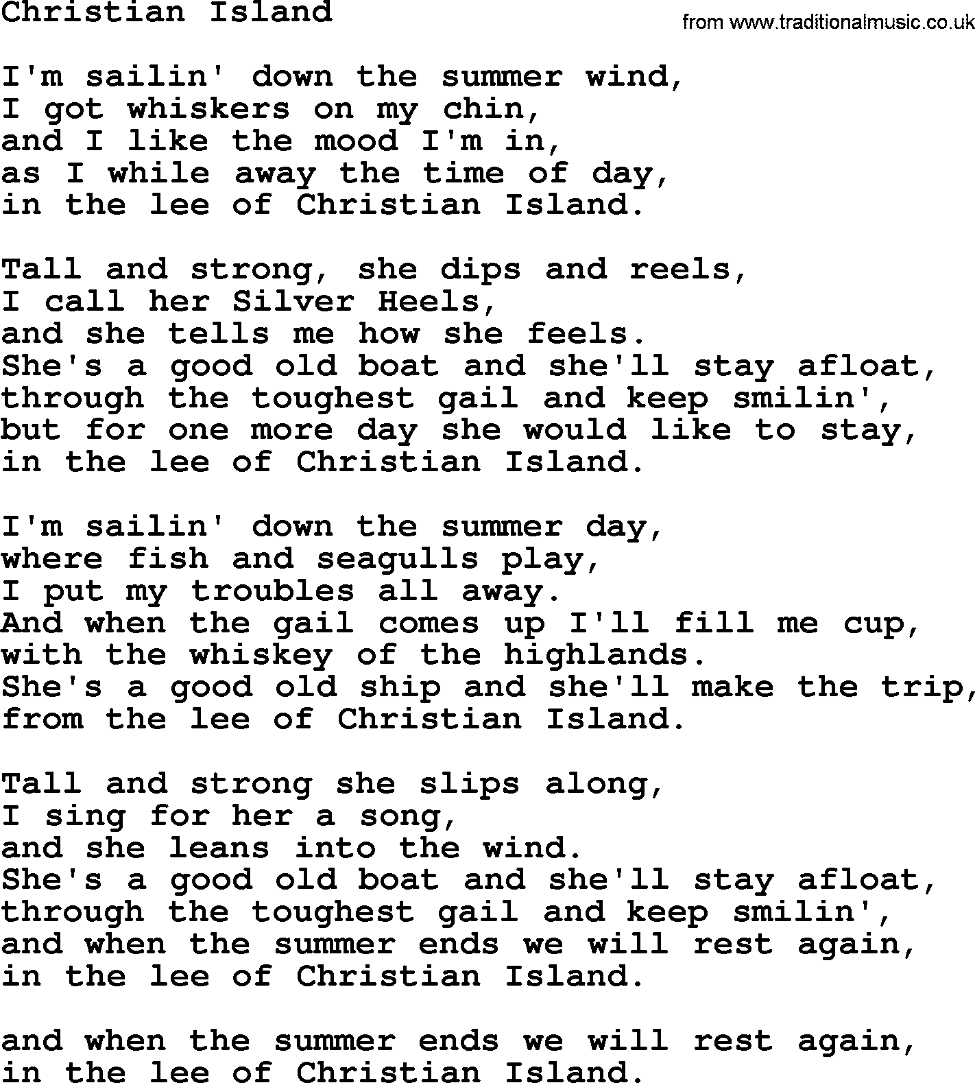 Gordon Lightfoot song Christian Island, lyrics