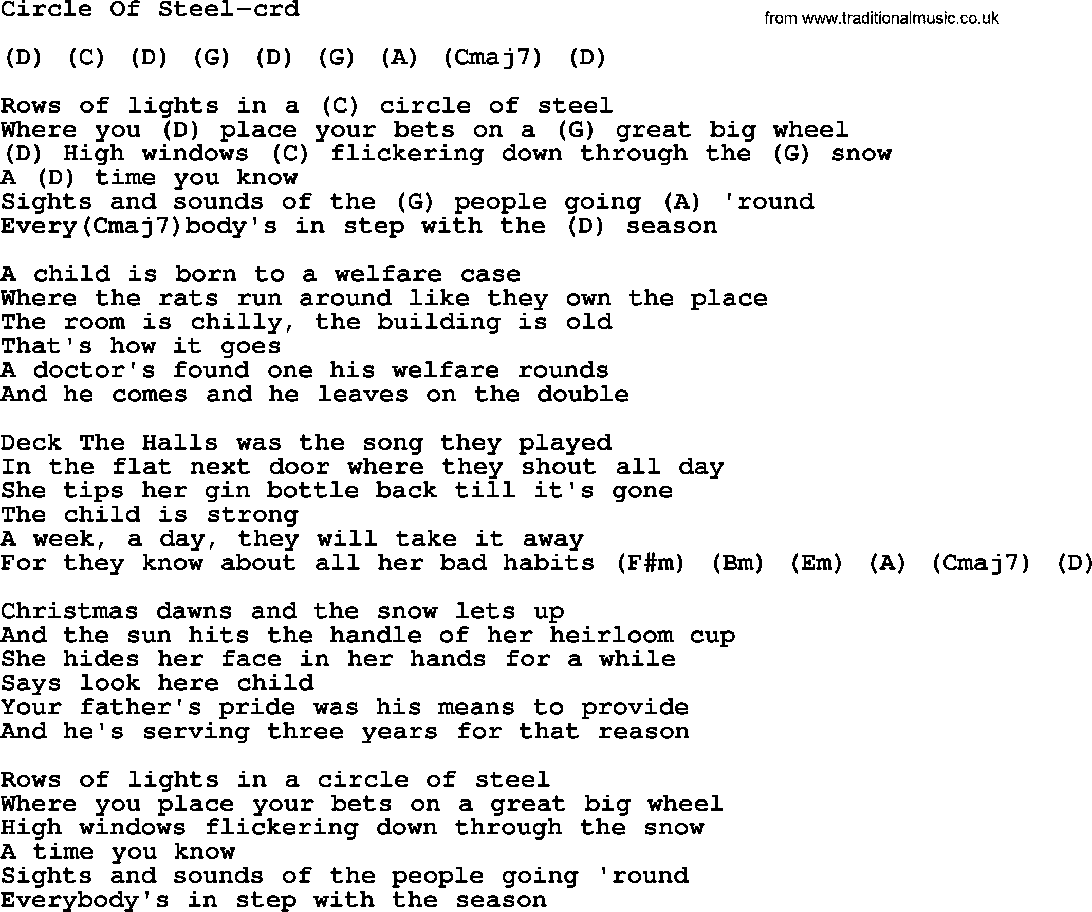 Gordon Lightfoot song Circle Of Steel, lyrics and chords
