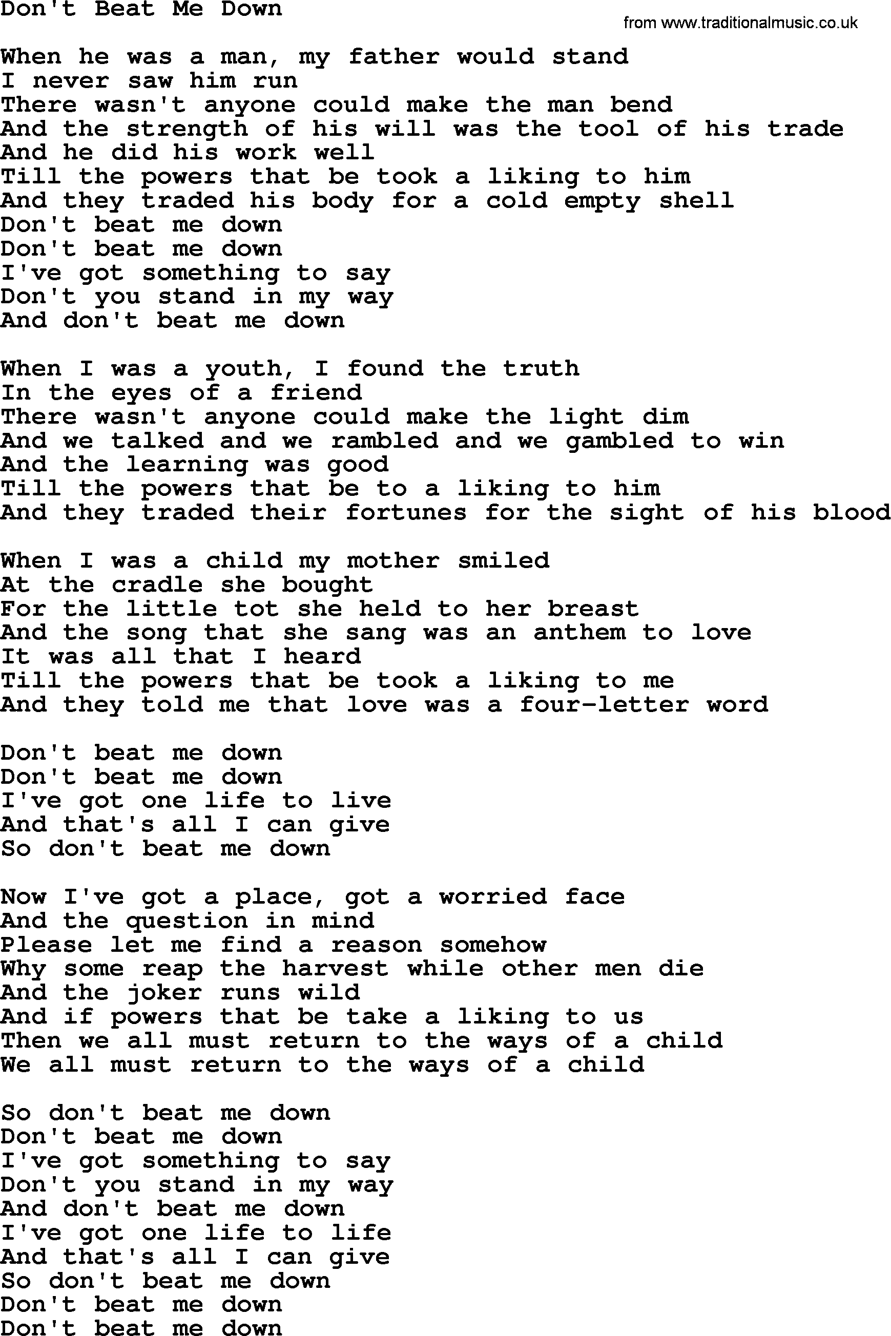 Gordon Lightfoot song Don't Beat Me Down, lyrics