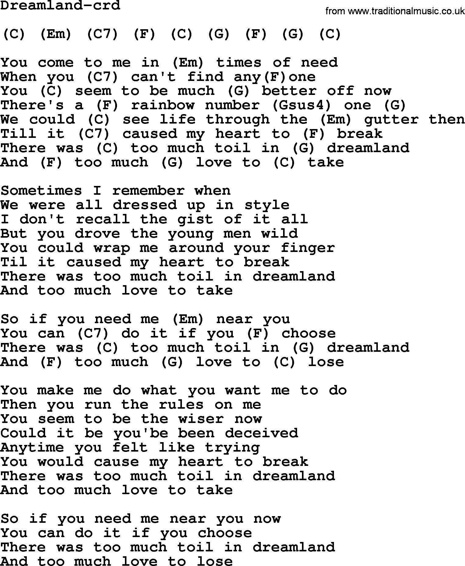 Gordon Lightfoot song Dreamland, lyrics and chords