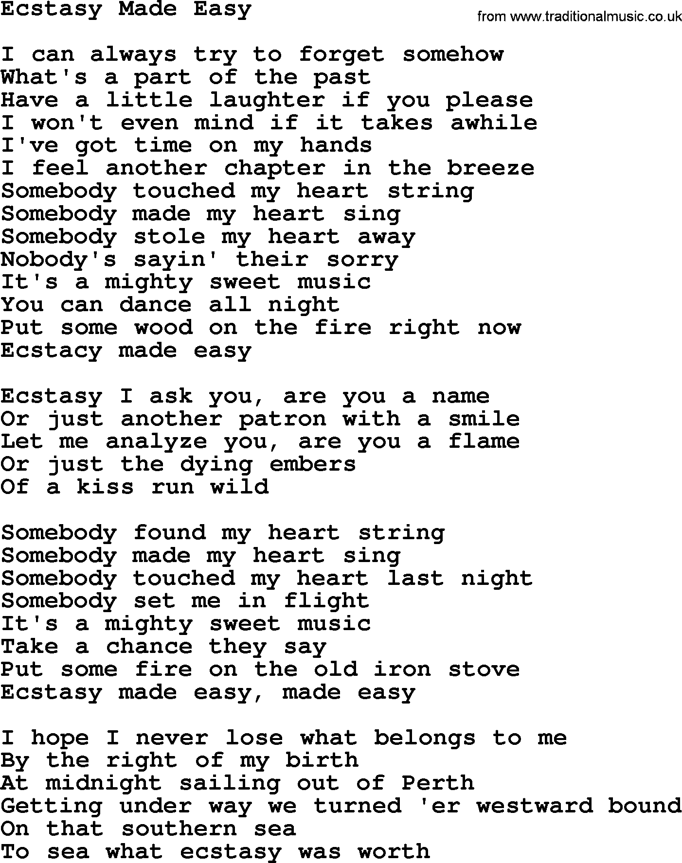 Gordon Lightfoot song Ecstasy Made Easy, lyrics