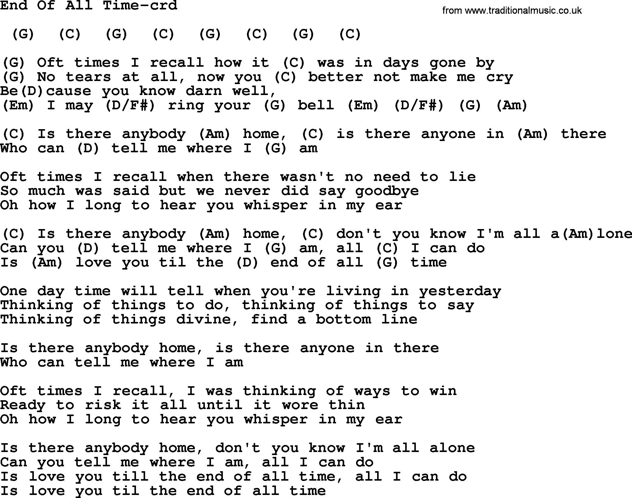 Gordon Lightfoot song End Of All Time, lyrics and chords