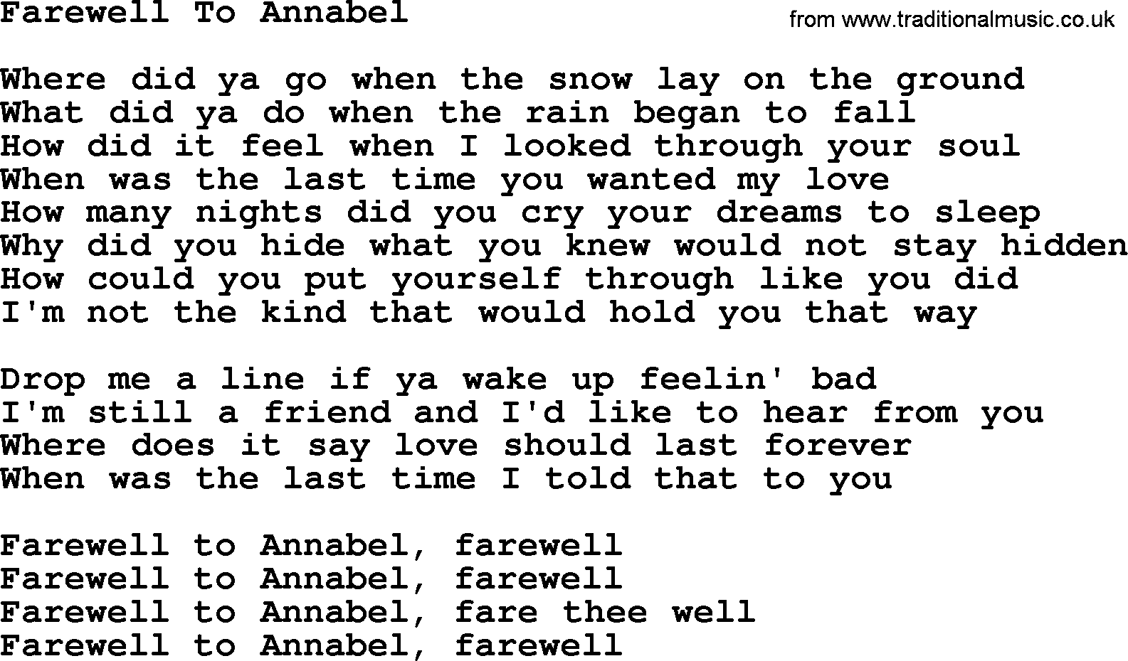 Gordon Lightfoot song Farewell To Annabel, lyrics