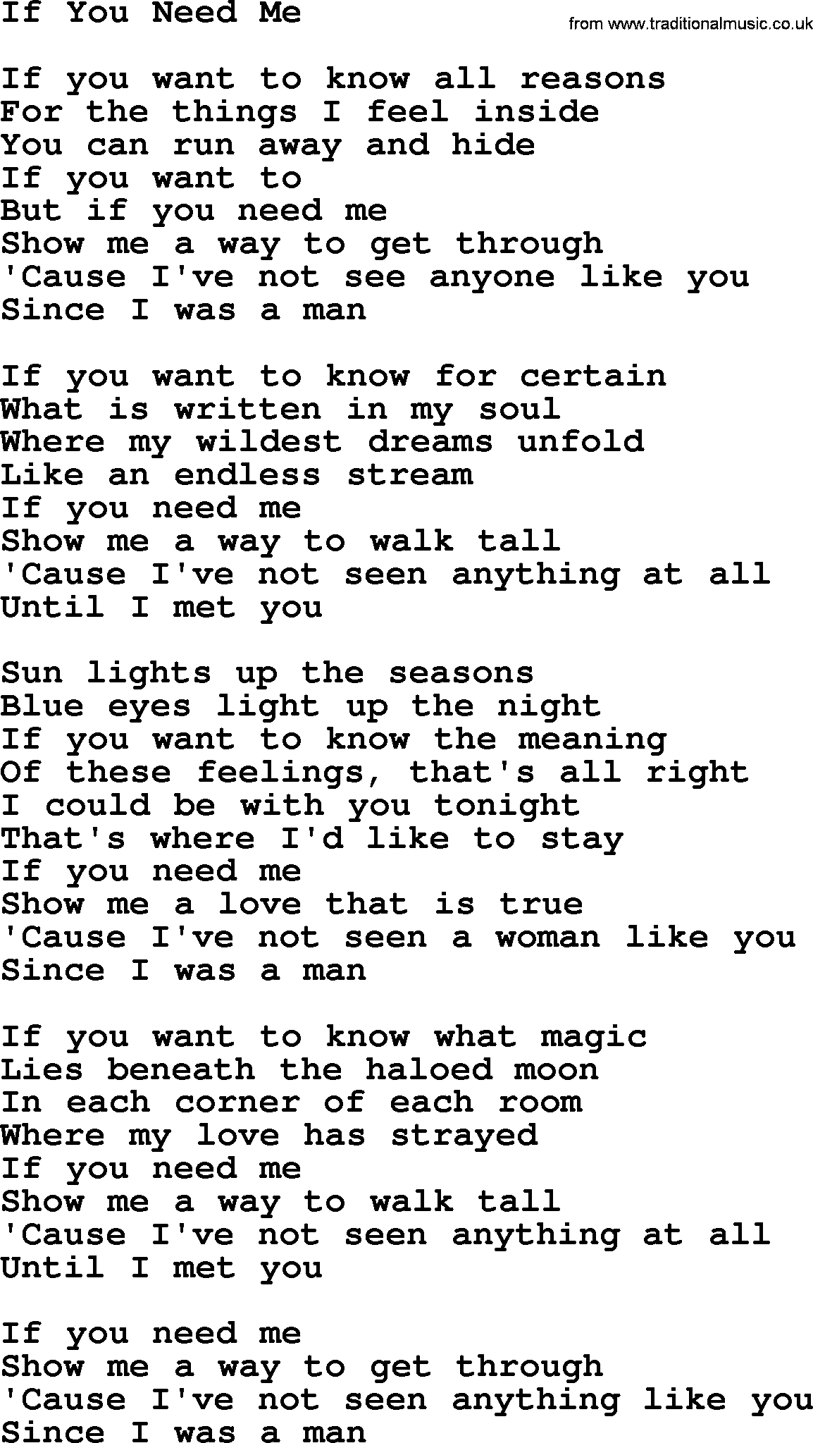 Gordon Lightfoot song If You Need Me, lyrics