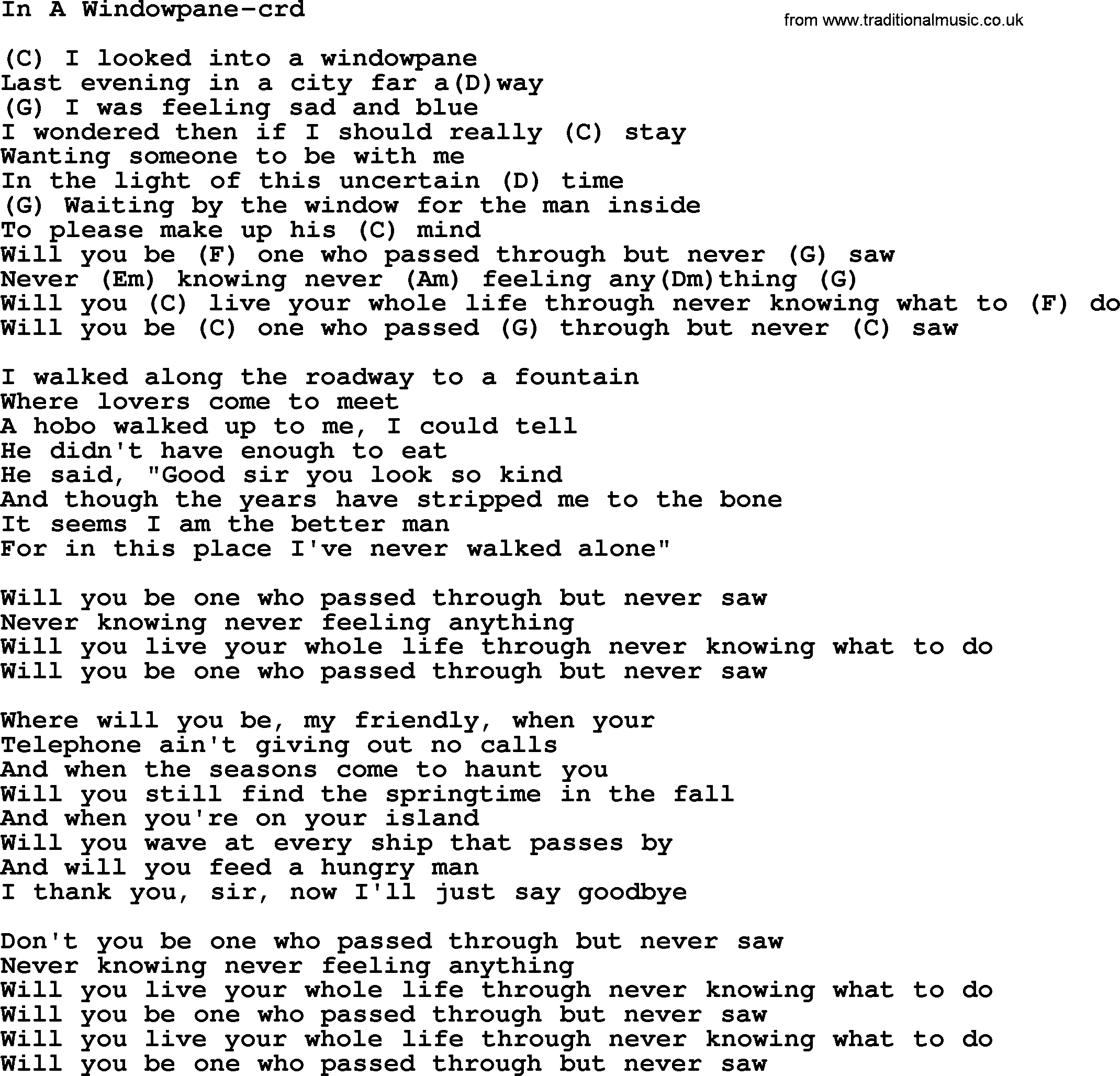 Gordon Lightfoot song In A Windowpane, lyrics and chords