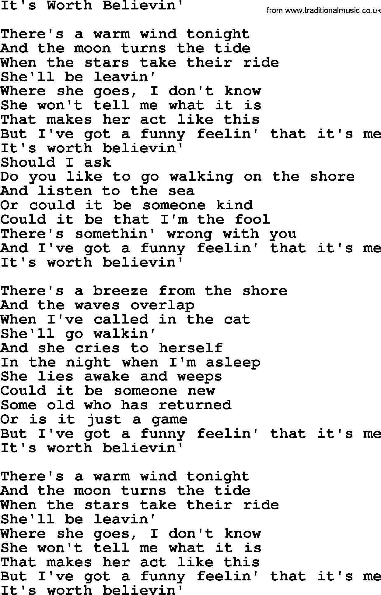Gordon Lightfoot song It's Worth Believin', lyrics