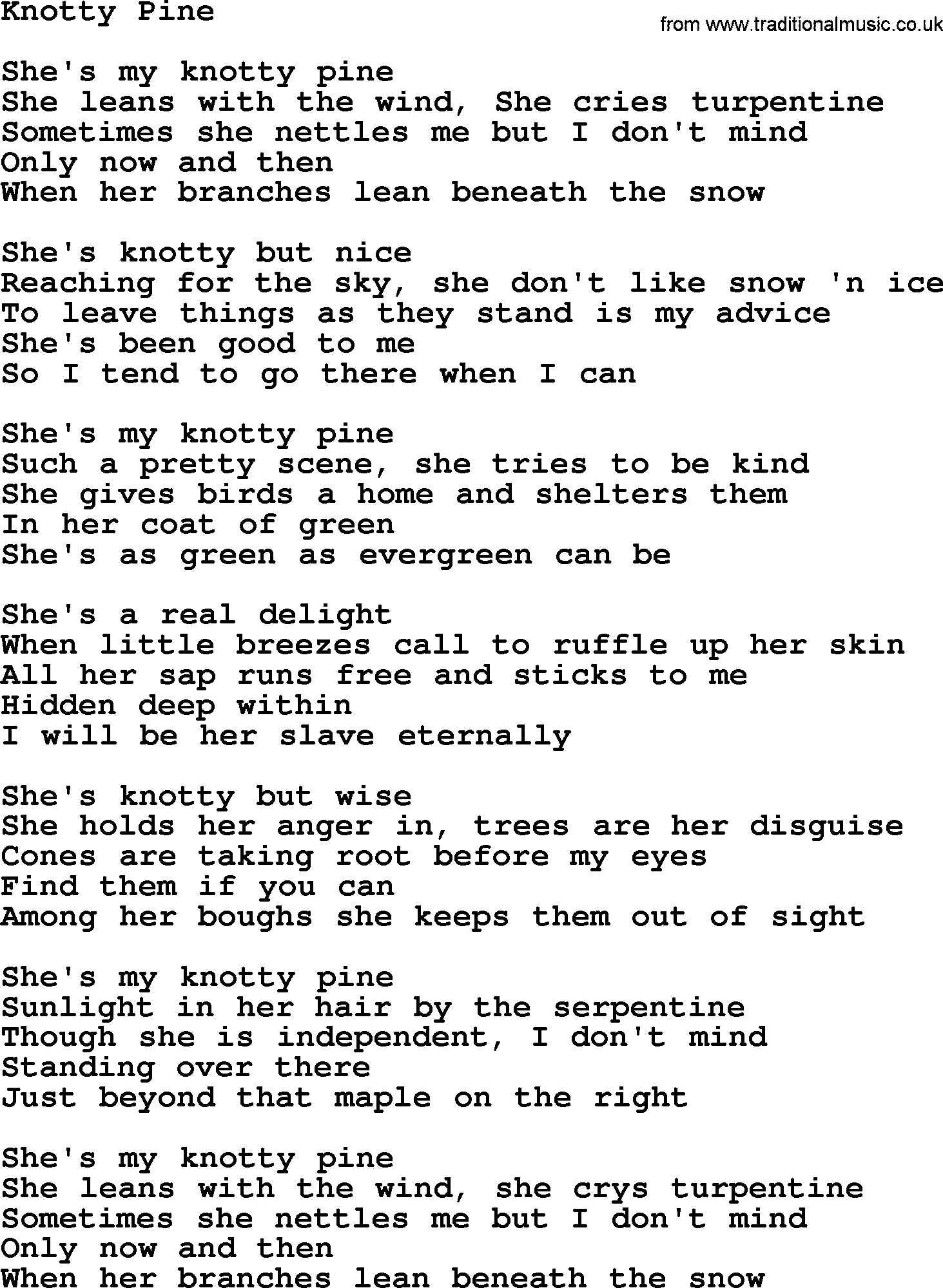 Gordon Lightfoot song Knotty Pine, lyrics