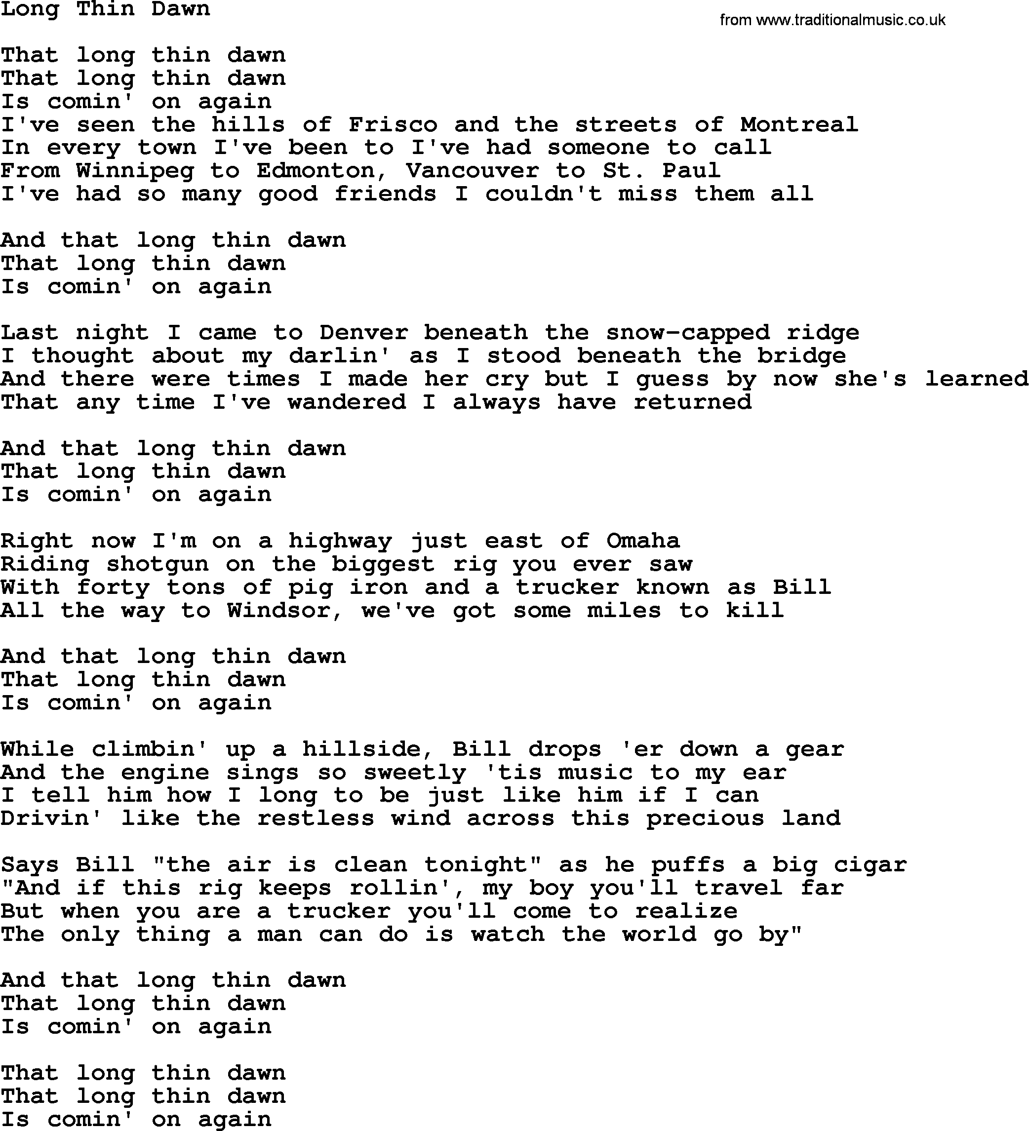 Gordon Lightfoot song Long Thin Dawn, lyrics