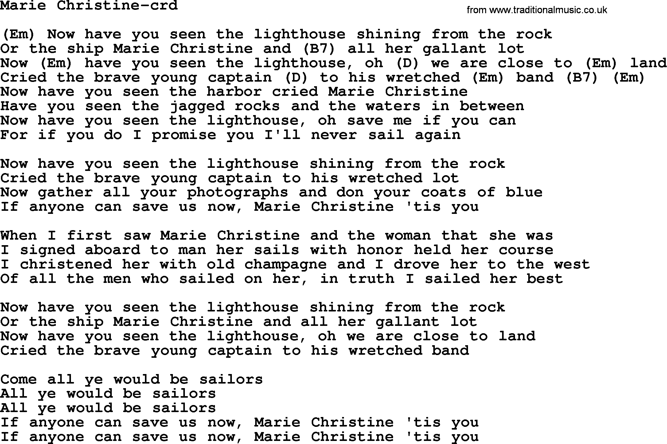 Gordon Lightfoot song Marie Christine, lyrics and chords
