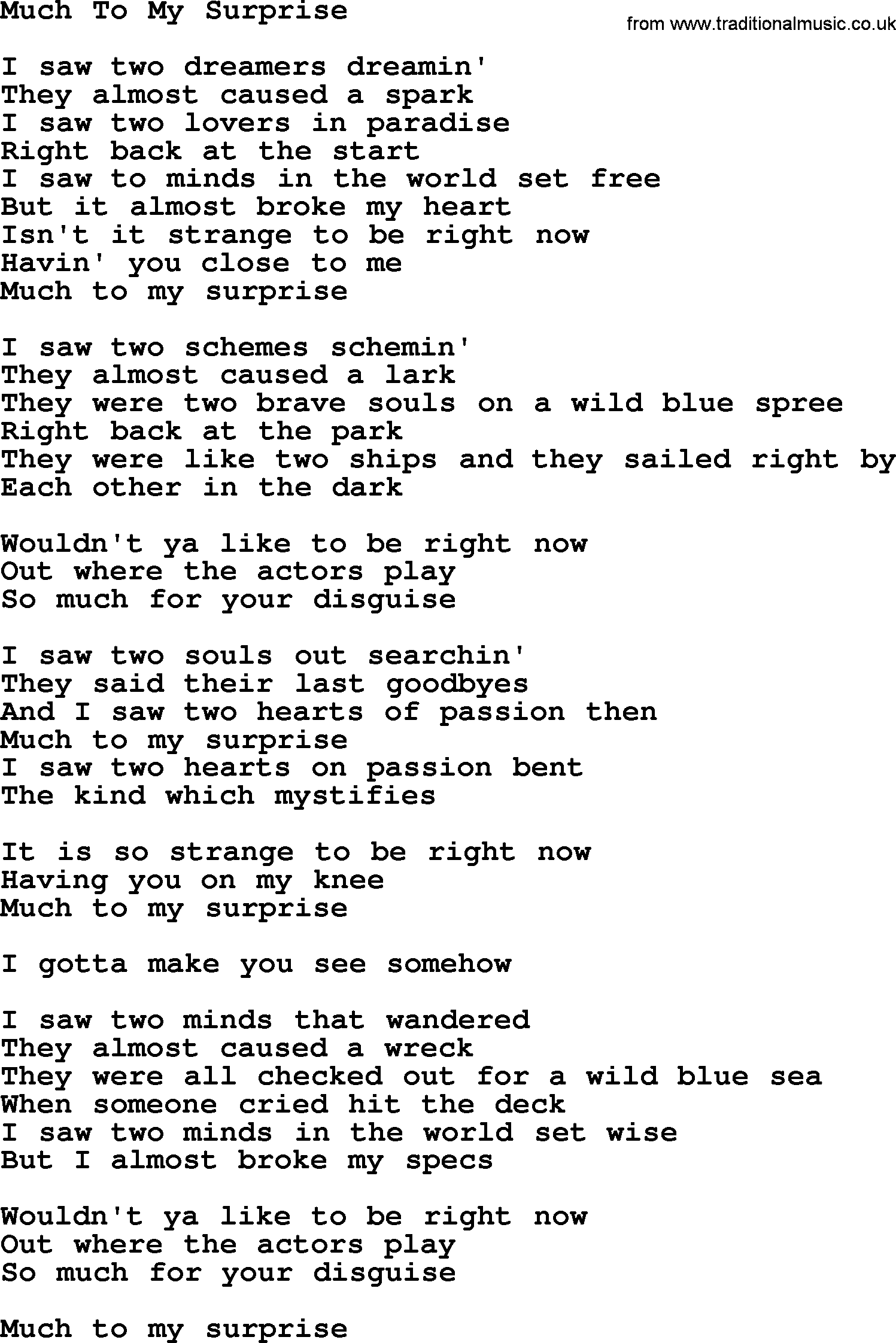 Gordon Lightfoot song Much To My Surprise, lyrics