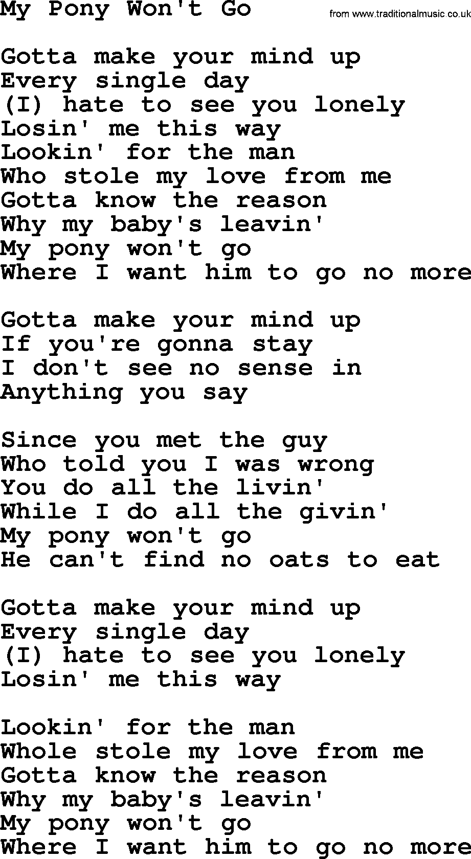 Gordon Lightfoot song My Pony Won't Go, lyrics