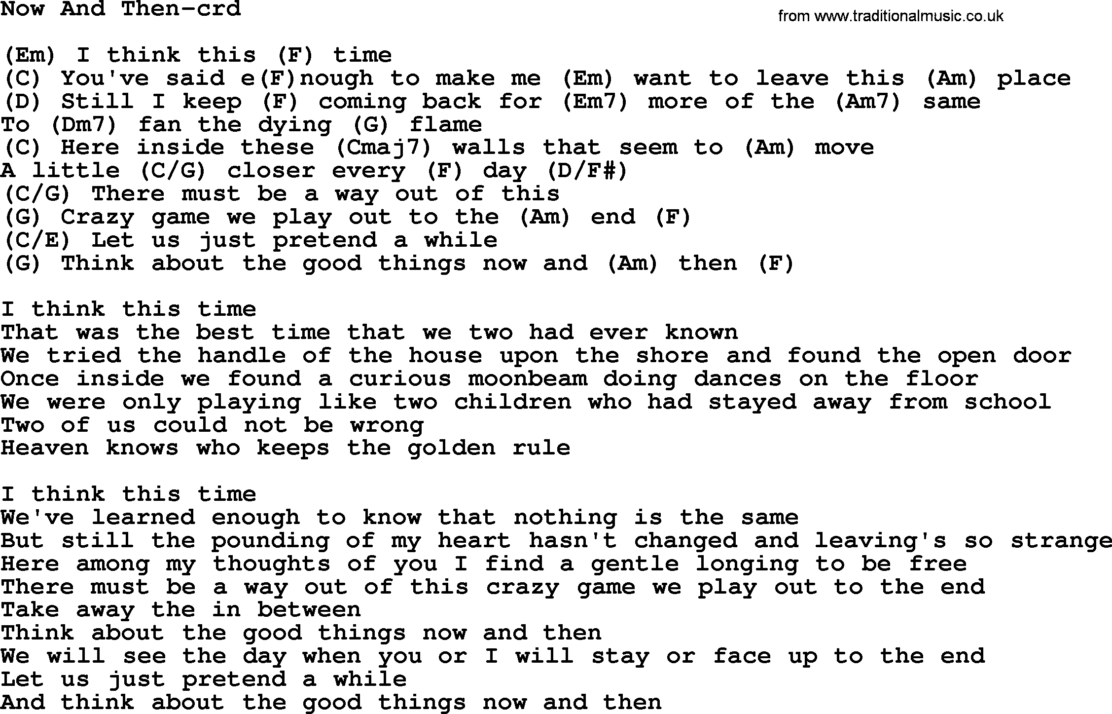Gordon Lightfoot song Now And Then, lyrics and chords