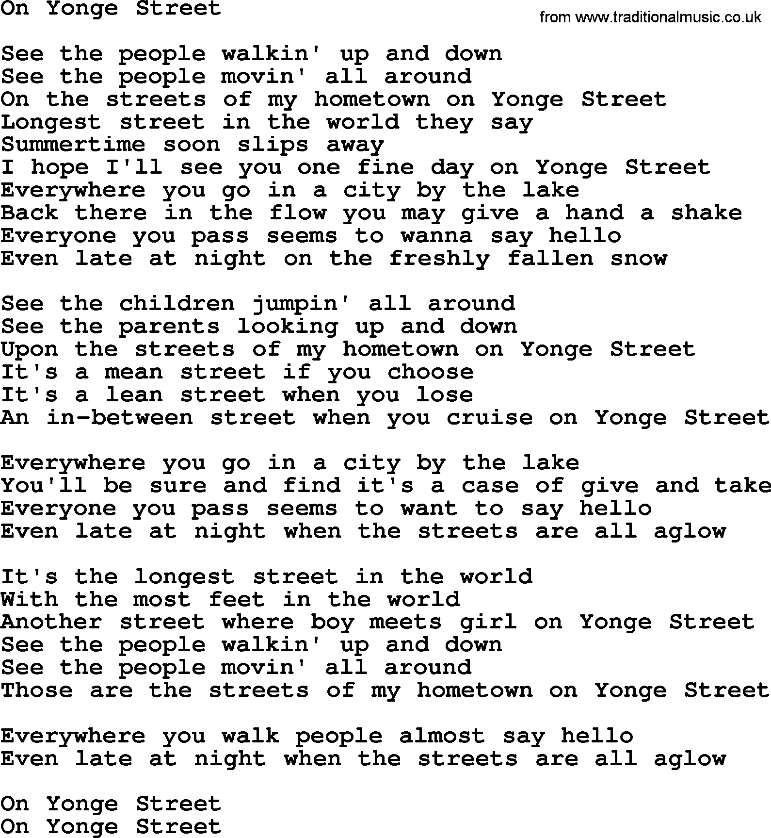 Gordon Lightfoot song On Yonge Street, lyrics
