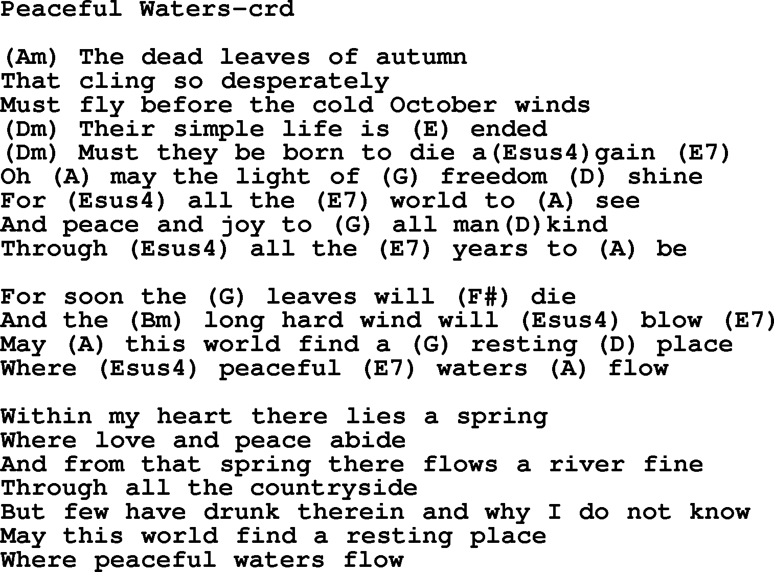 Gordon Lightfoot song Peaceful Waters, lyrics and chords