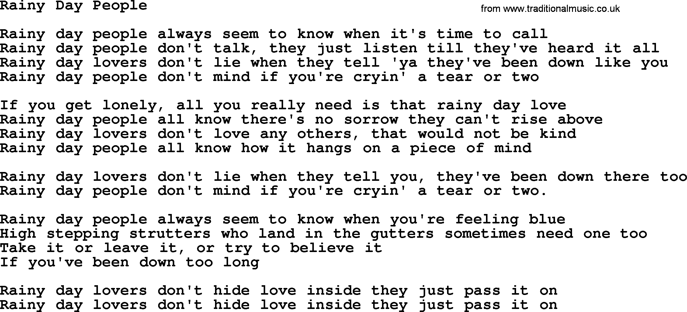 Gordon Lightfoot song Rainy Day People, lyrics