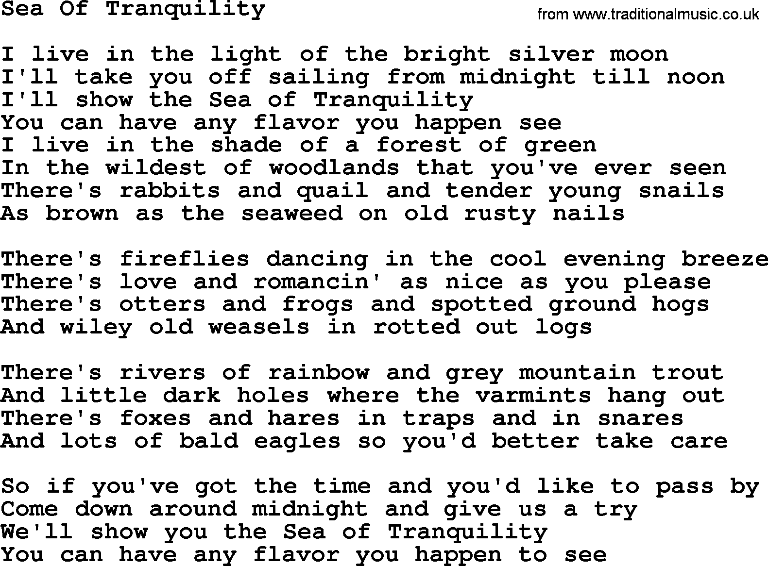 Gordon Lightfoot song Sea Of Tranquility, lyrics