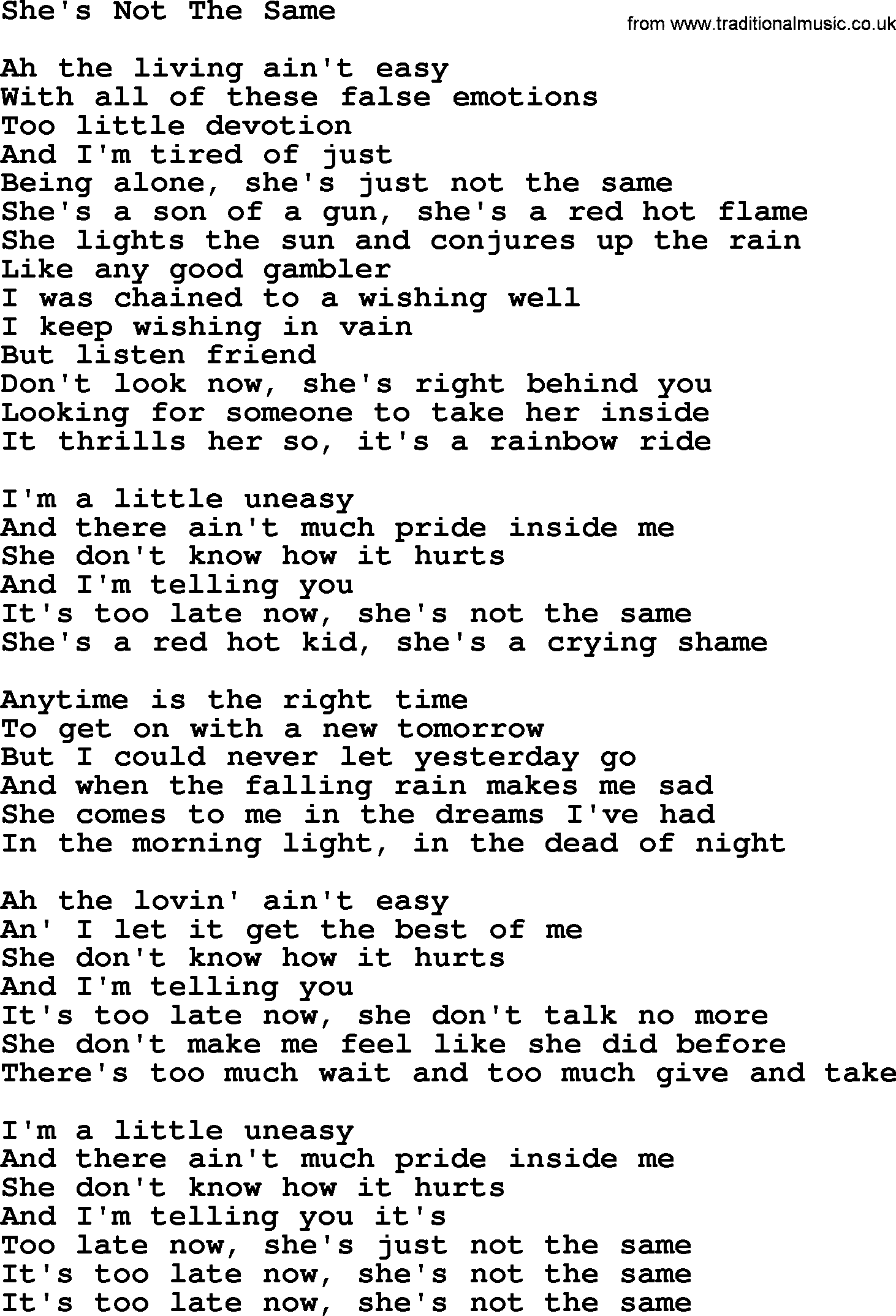 Gordon Lightfoot song She's Not The Same, lyrics