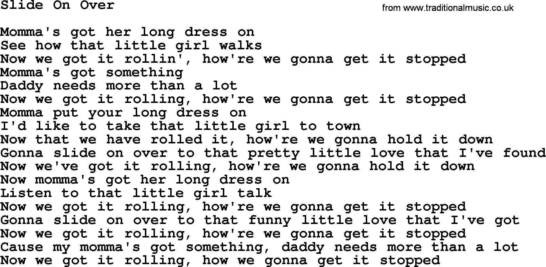Gordon Lightfoot song Slide On Over, lyrics