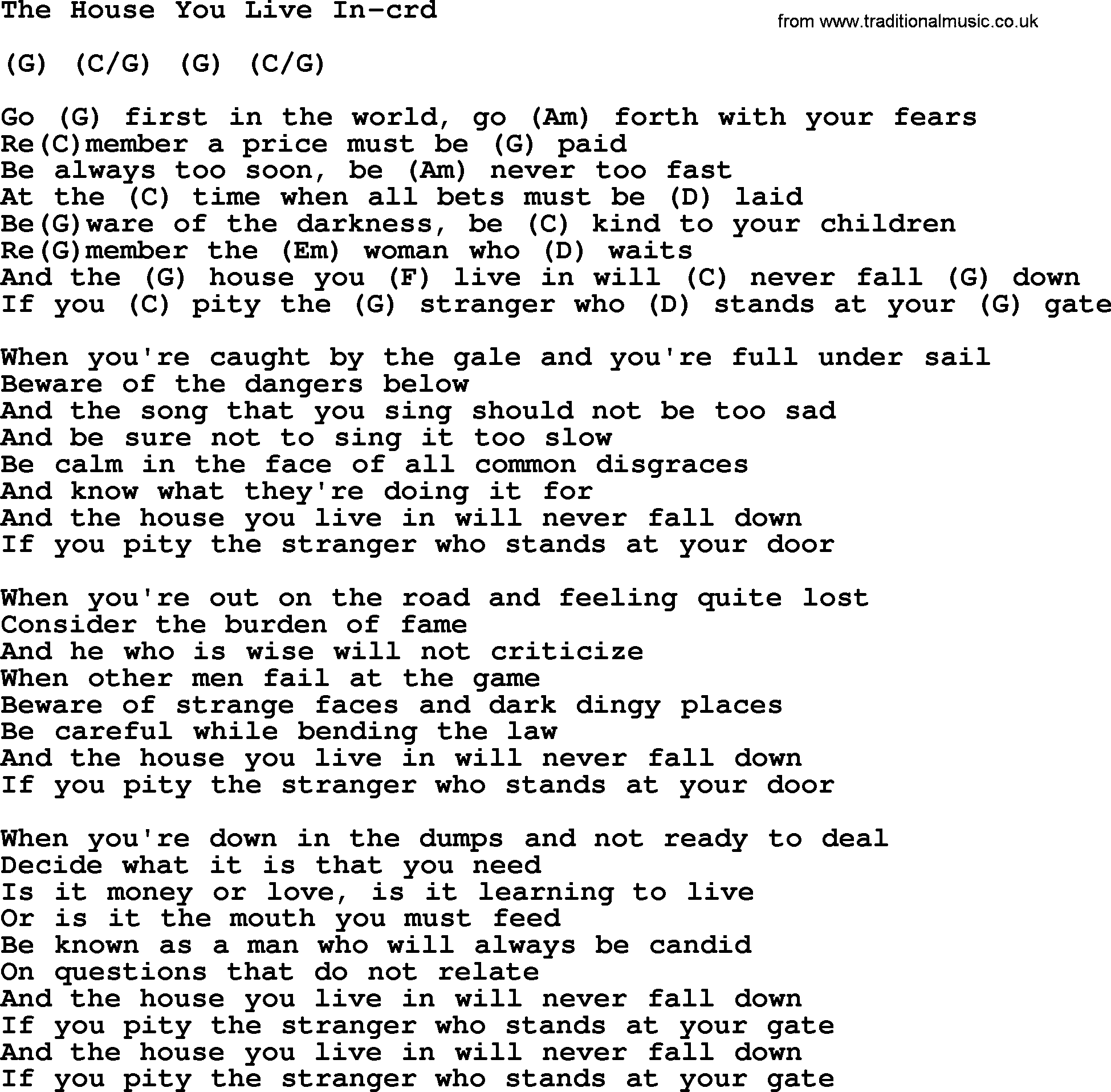 Gordon Lightfoot song The House You Live In, lyrics and chords