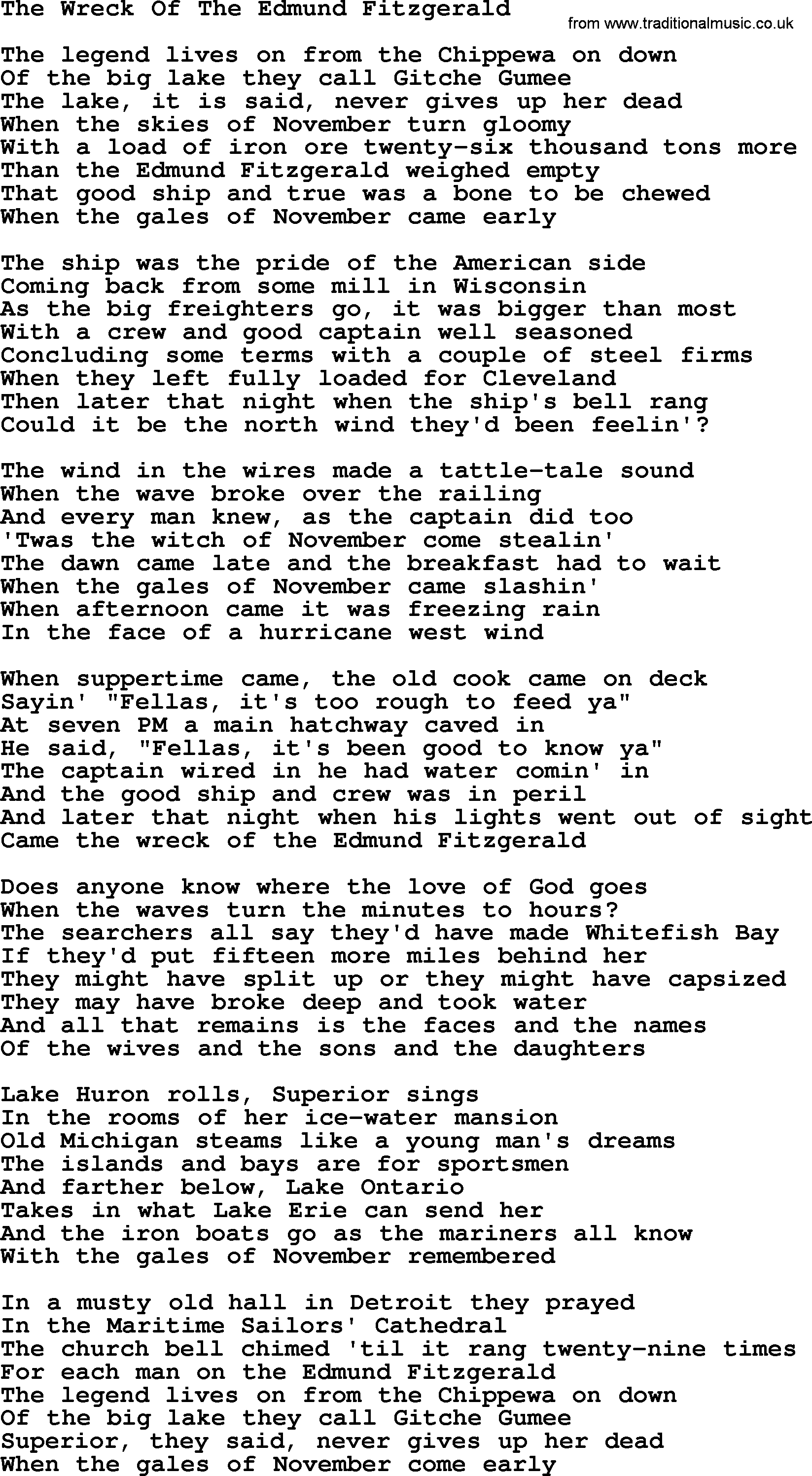 Gordon Lightfoot song The Wreck Of The Edmund Fitzgerald, lyrics