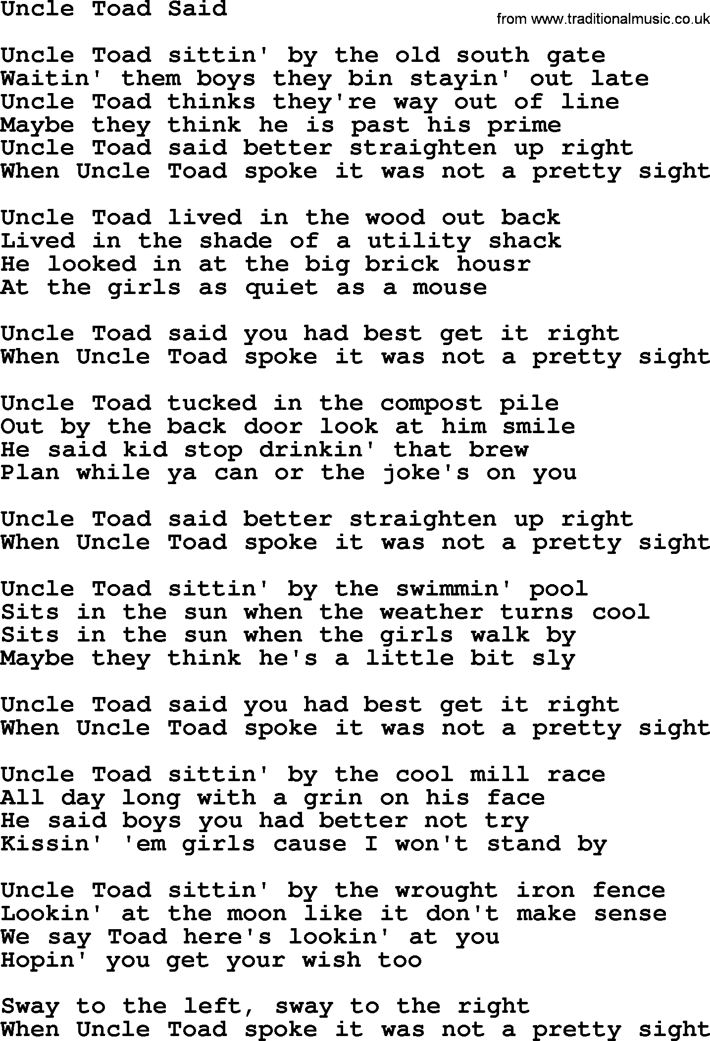 Gordon Lightfoot song Uncle Toad Said, lyrics