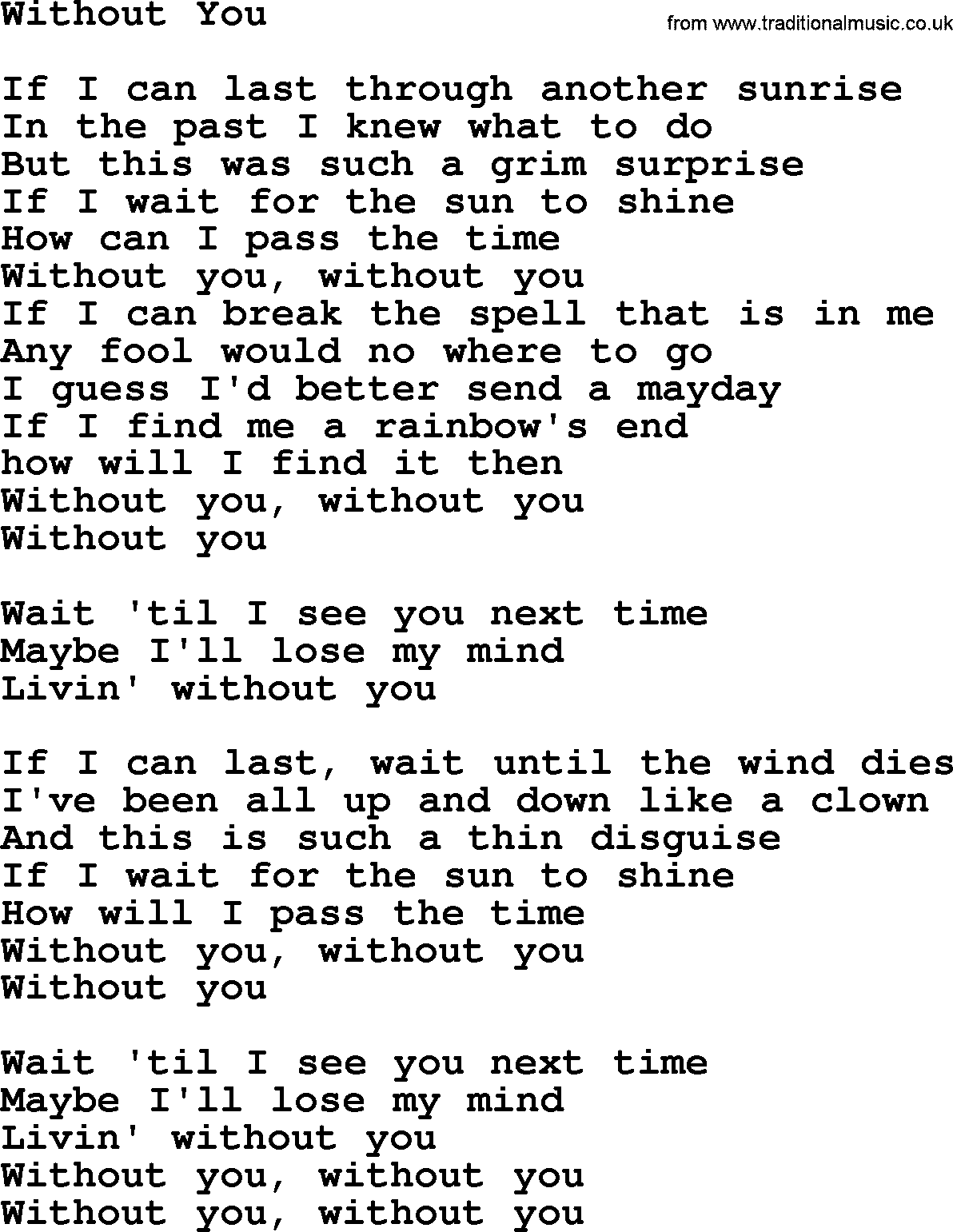Gordon Lightfoot song Without You, lyrics