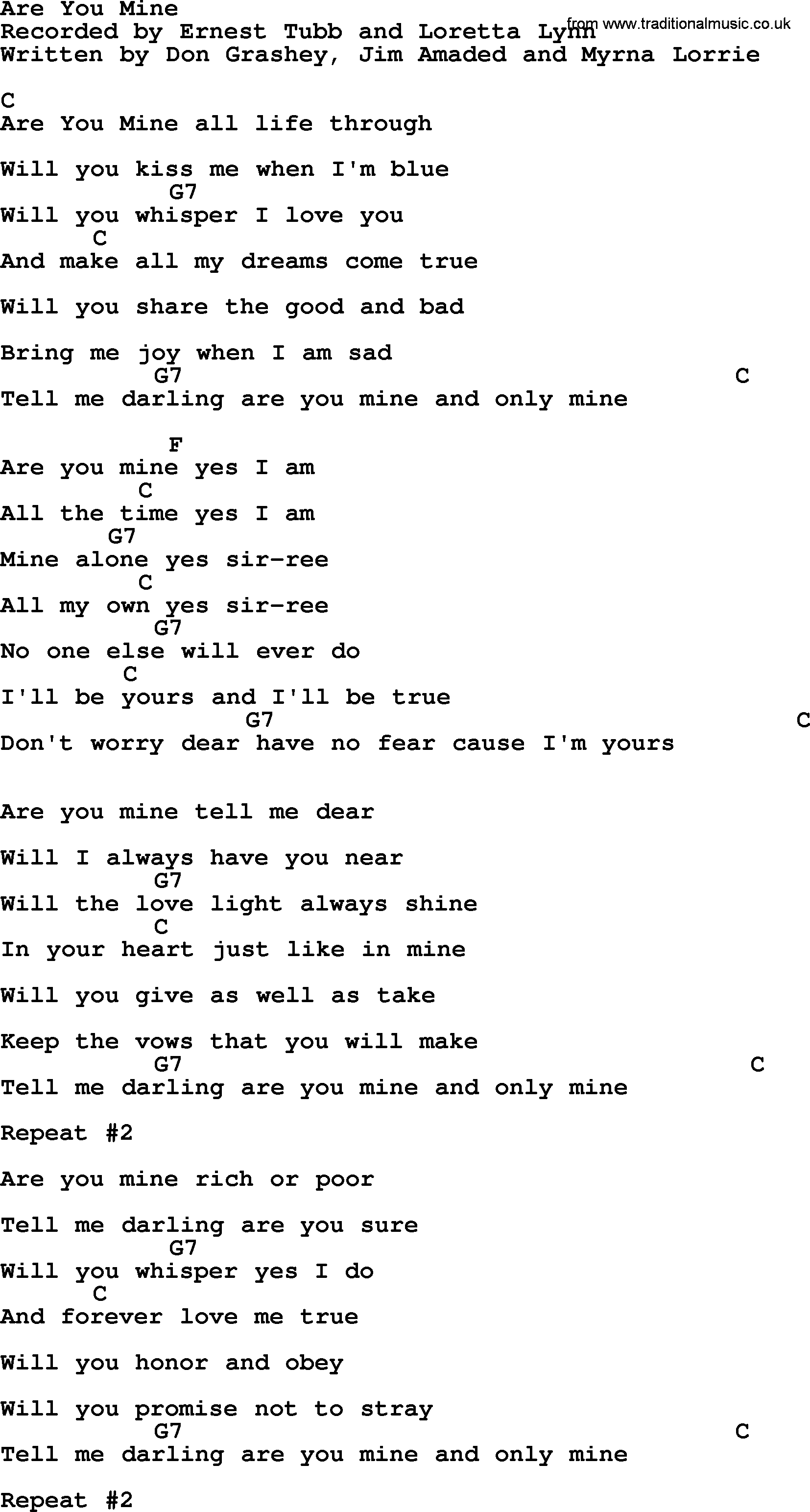 Loretta Lynn song: Are You Mine lyrics and chords