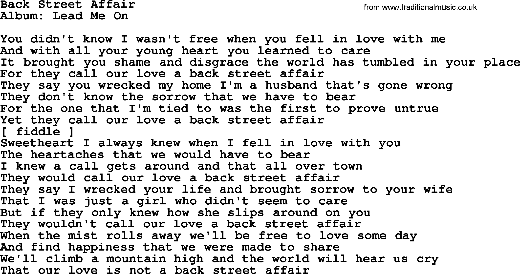Loretta Lynn song: Back Street Affair lyrics