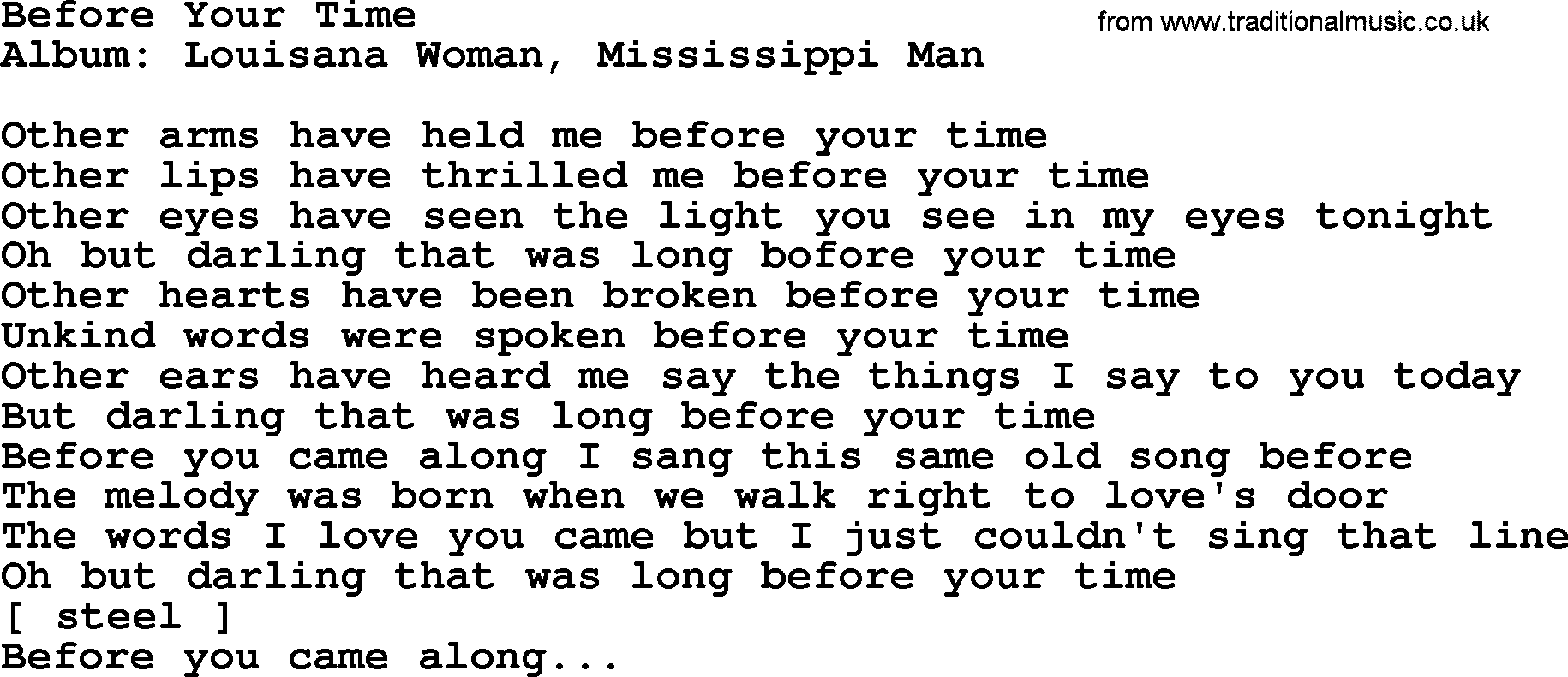 Loretta Lynn song: Before Your Time lyrics