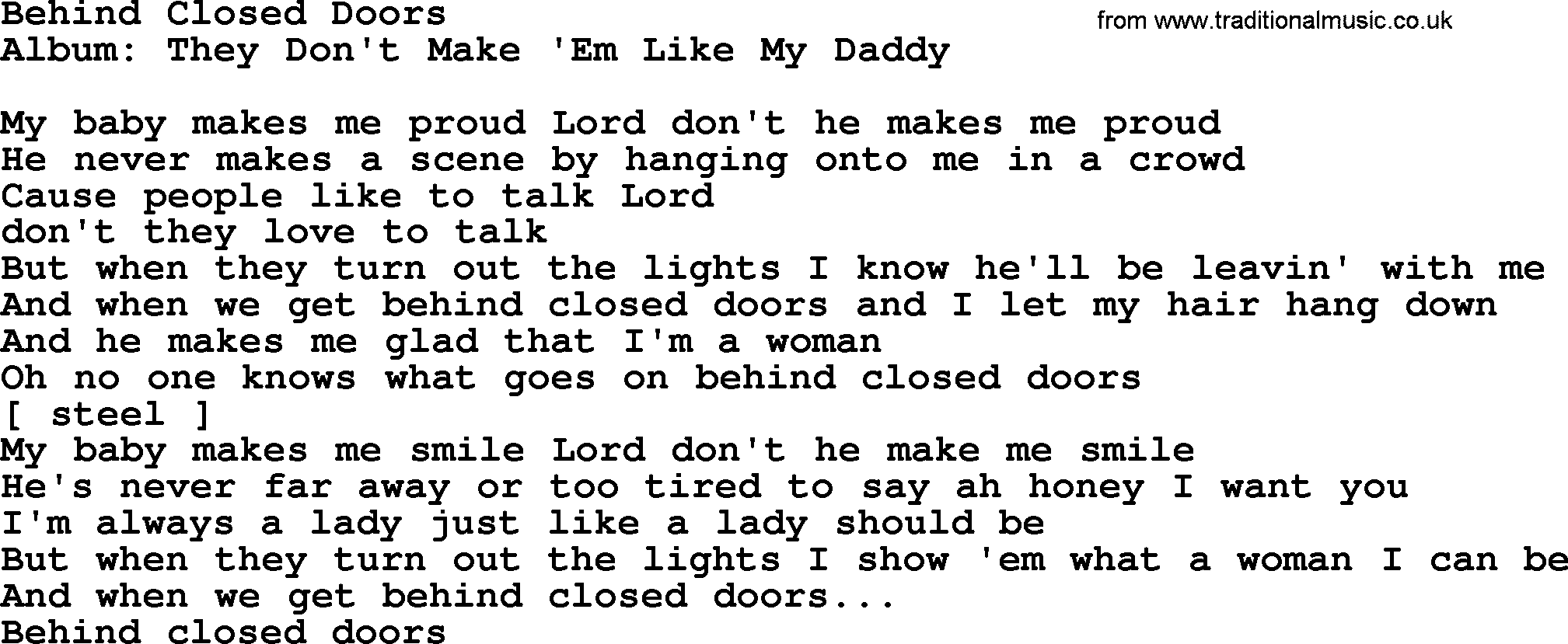 Loretta Lynn song: Behind Closed Doors lyrics