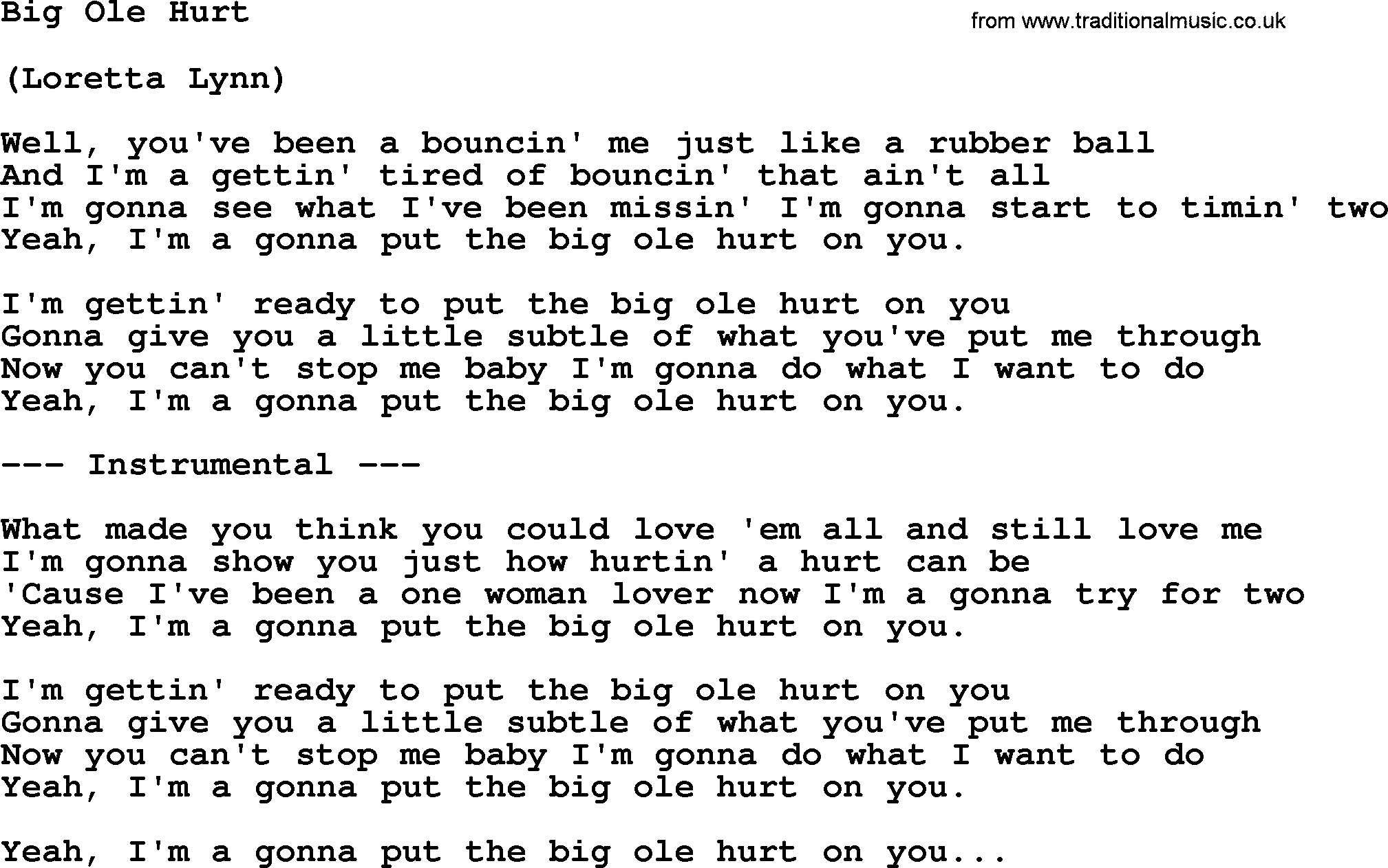 Loretta Lynn song: Big Ole Hurt lyrics