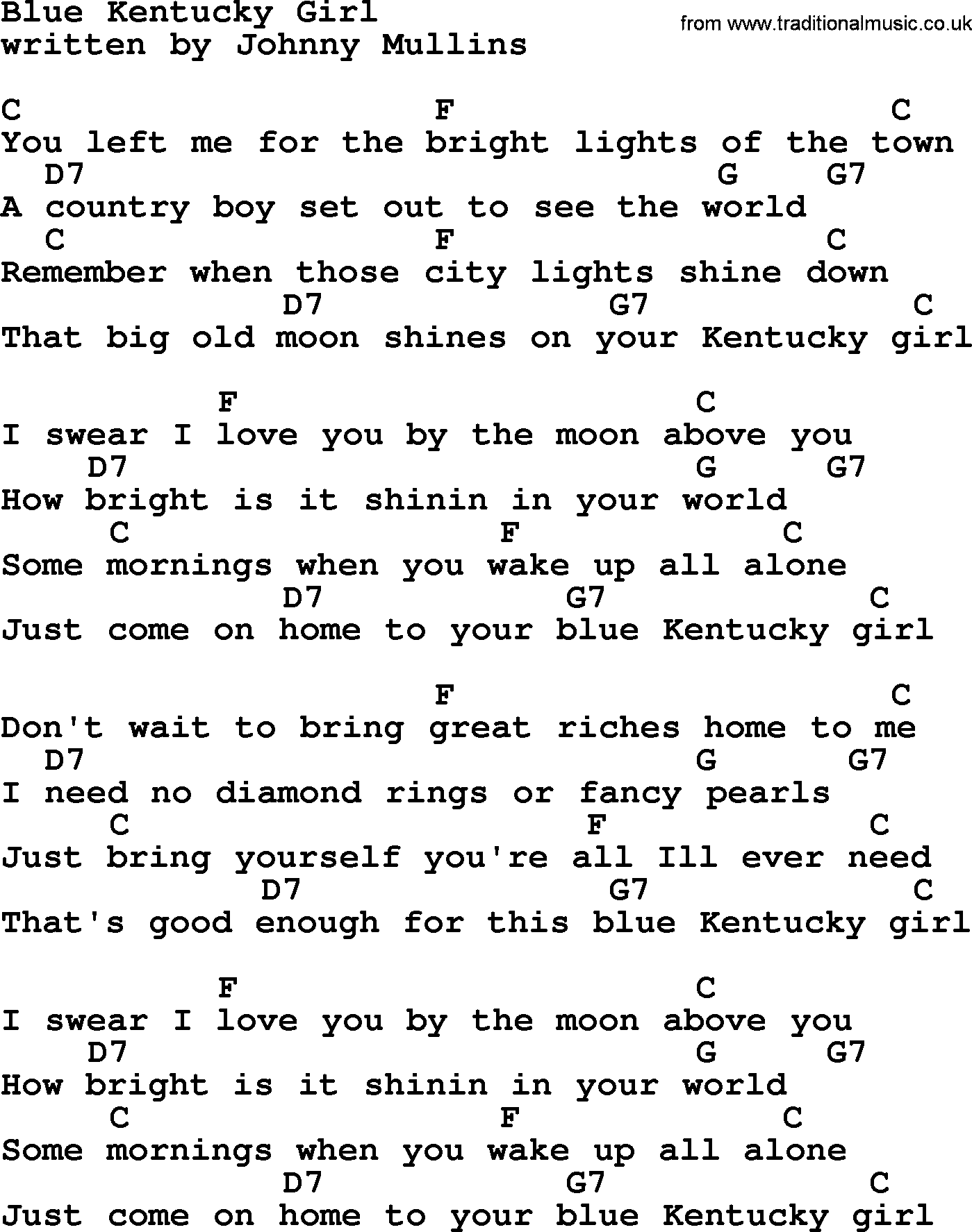 Loretta Lynn song: Blue Kentucky Girl lyrics and chords