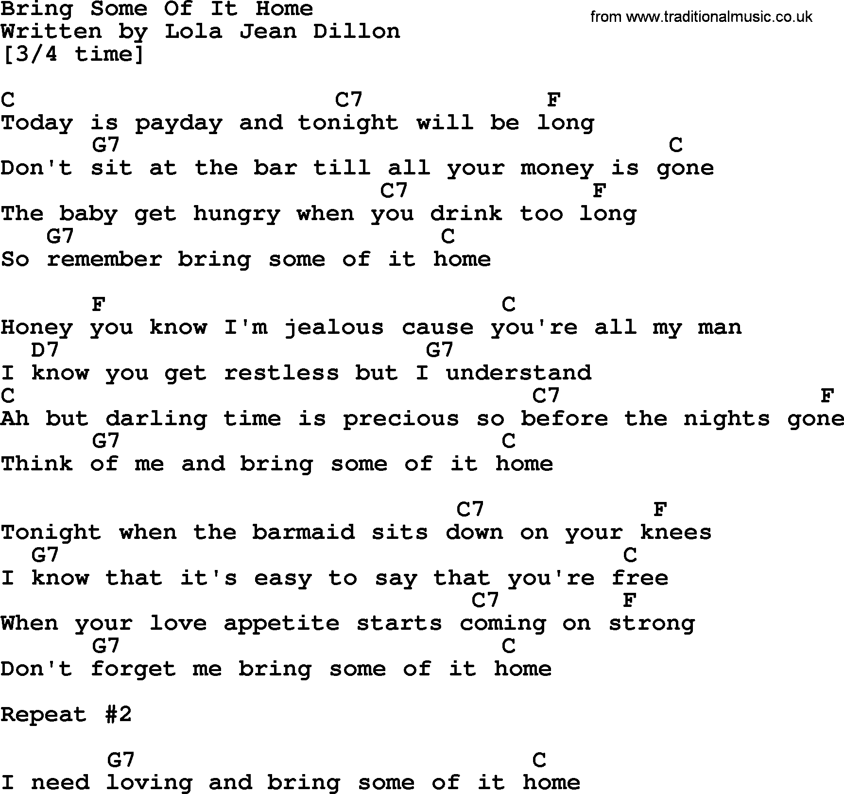Loretta Lynn song: Bring Some Of It Home lyrics and chords